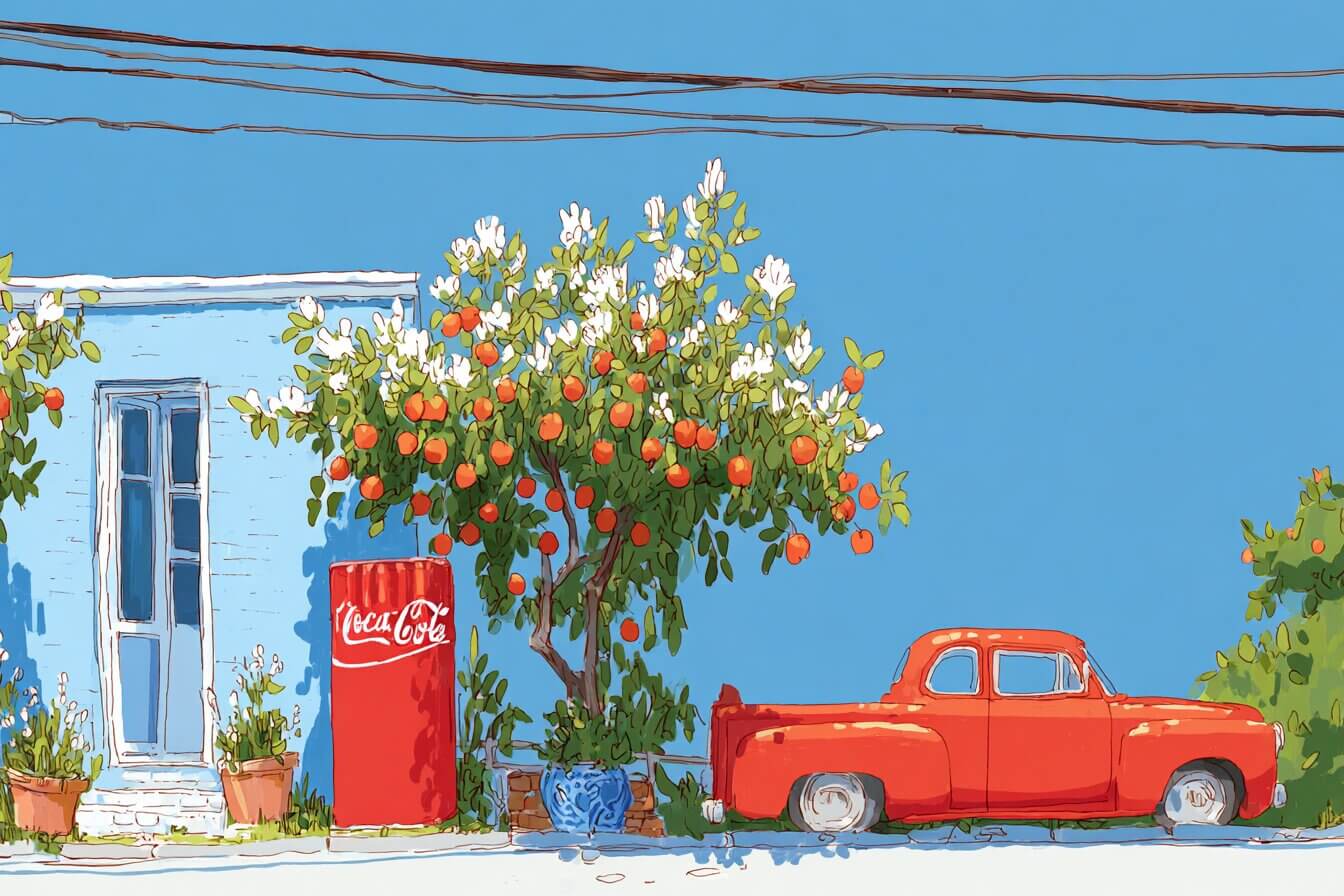 A little girl in a yellow dress gathers peaches on a quiet Atlanta sidewalk near a library and a sweet tea cart.