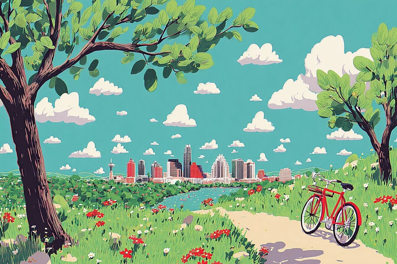 A freckled child in an oversized purple cowboy hat holds tacos near a town fountain while street musicians play softly.