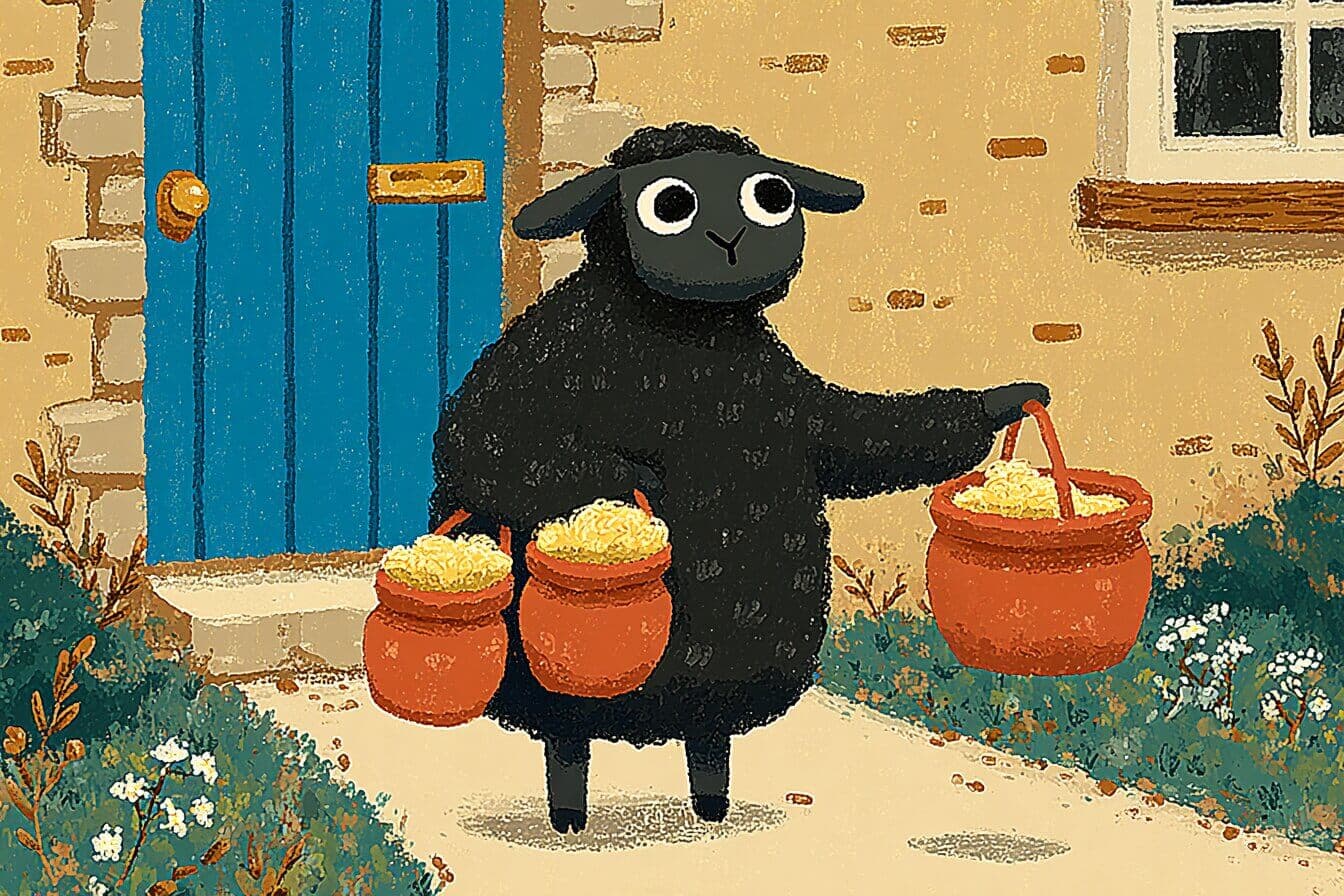 A friendly black sheep shares three soft wool sacks with a child at a quiet meadow gate.