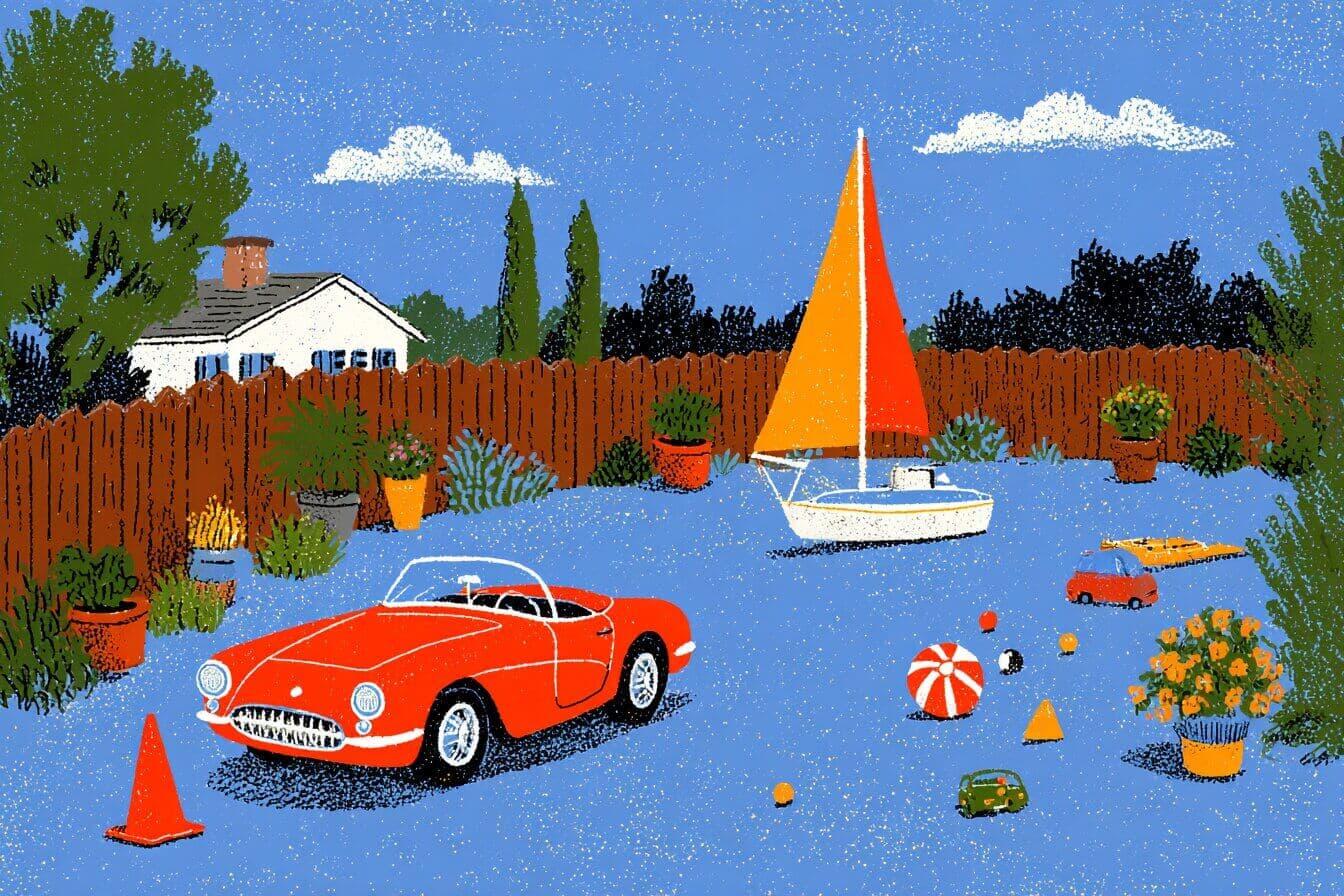 A child in a cape imagines a backyard swing set turning into a shining castle at twilight.