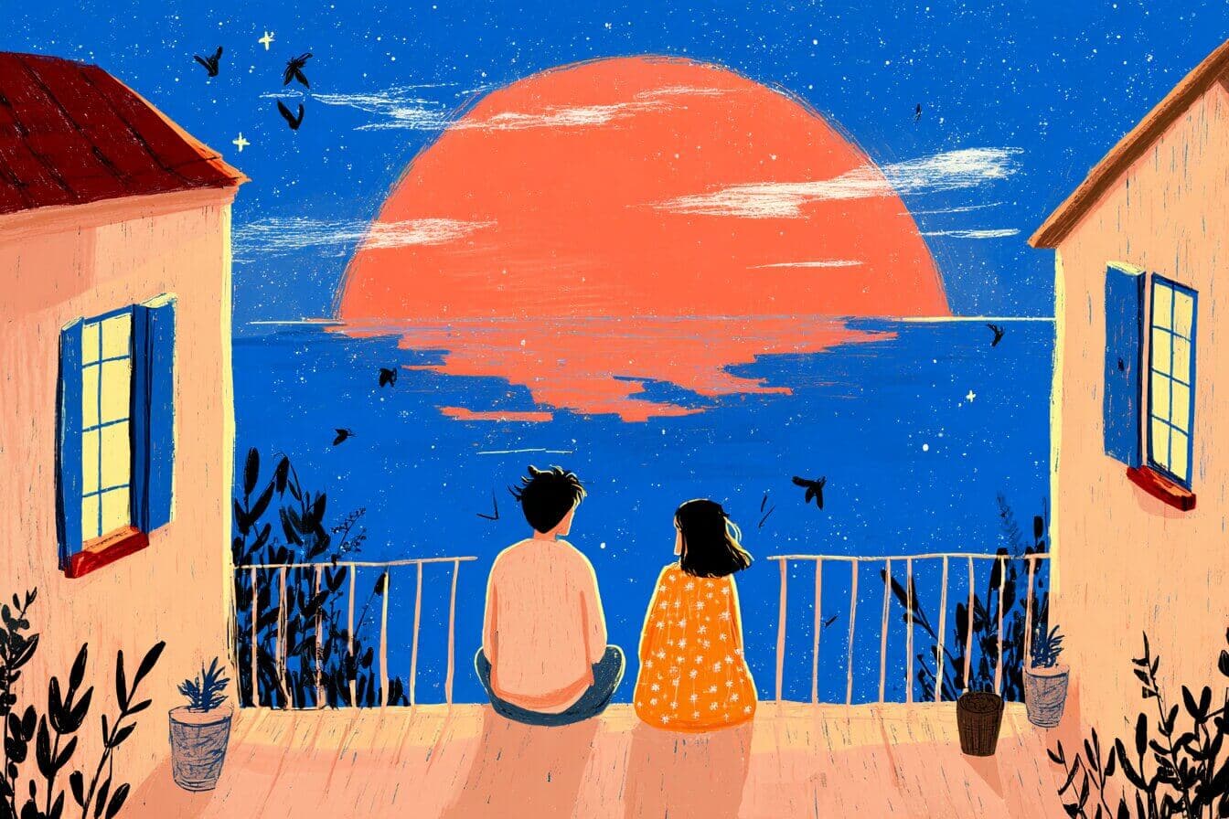 Two friends sitting together on the branch of a large maple tree under a starlit winter sky, sharing warmth and laughter.