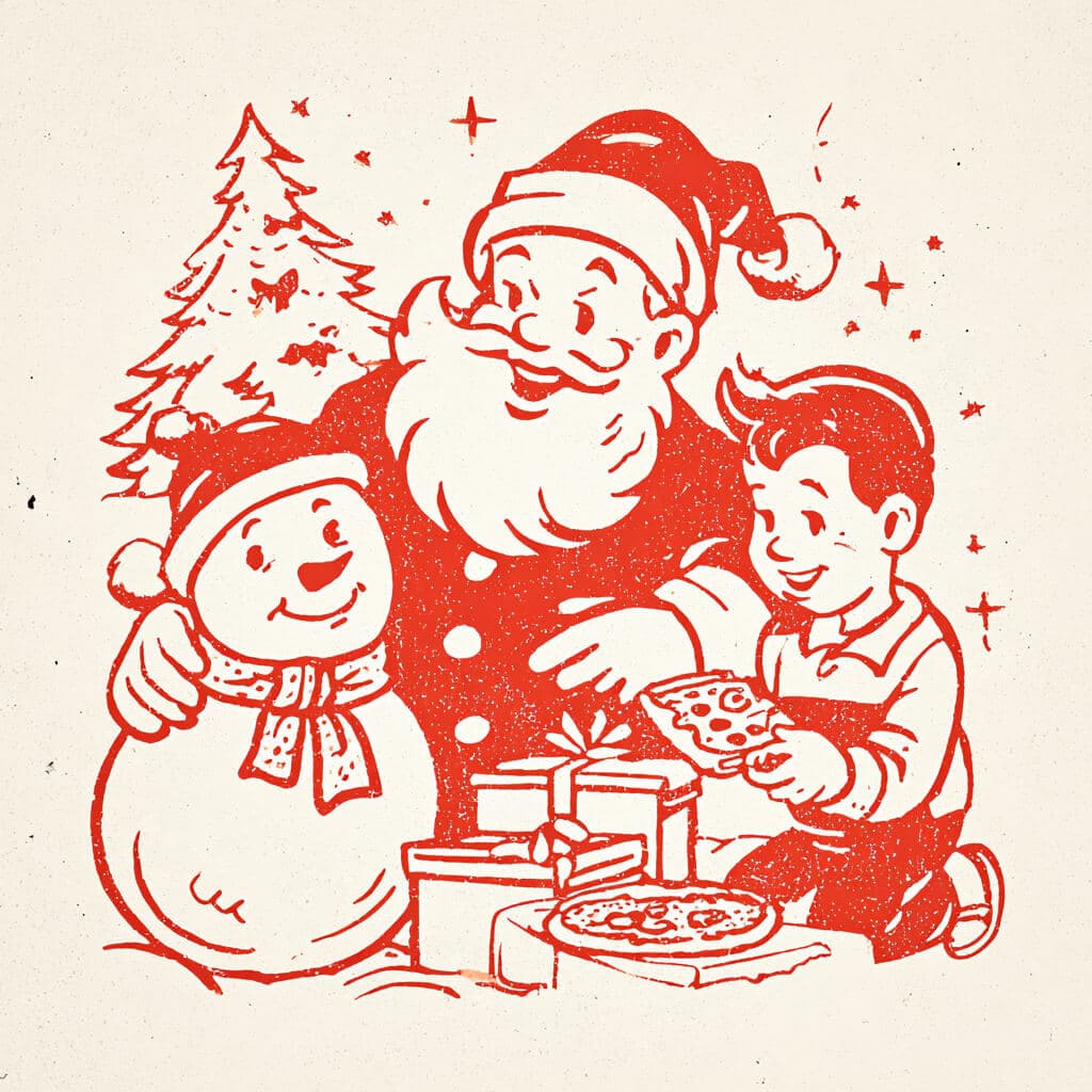 Child leaving a homemade Christmas pizza for Santa by the fireplace on Christmas Eve