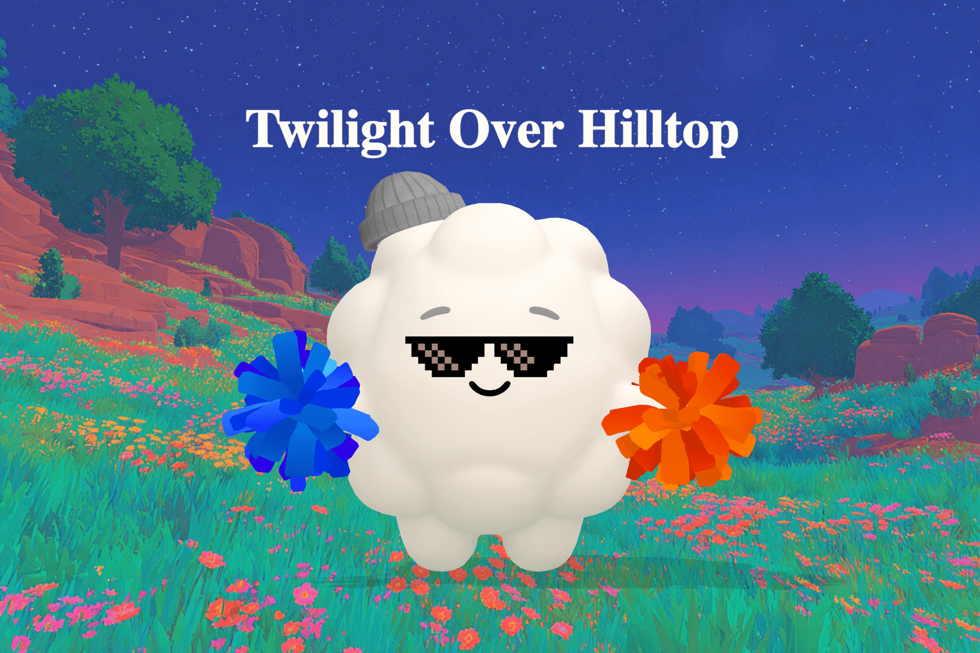 A soft twilight hilltop scene with gentle stars, drifting clouds, and a warm glow surrounding a small child drifting off to sleep.