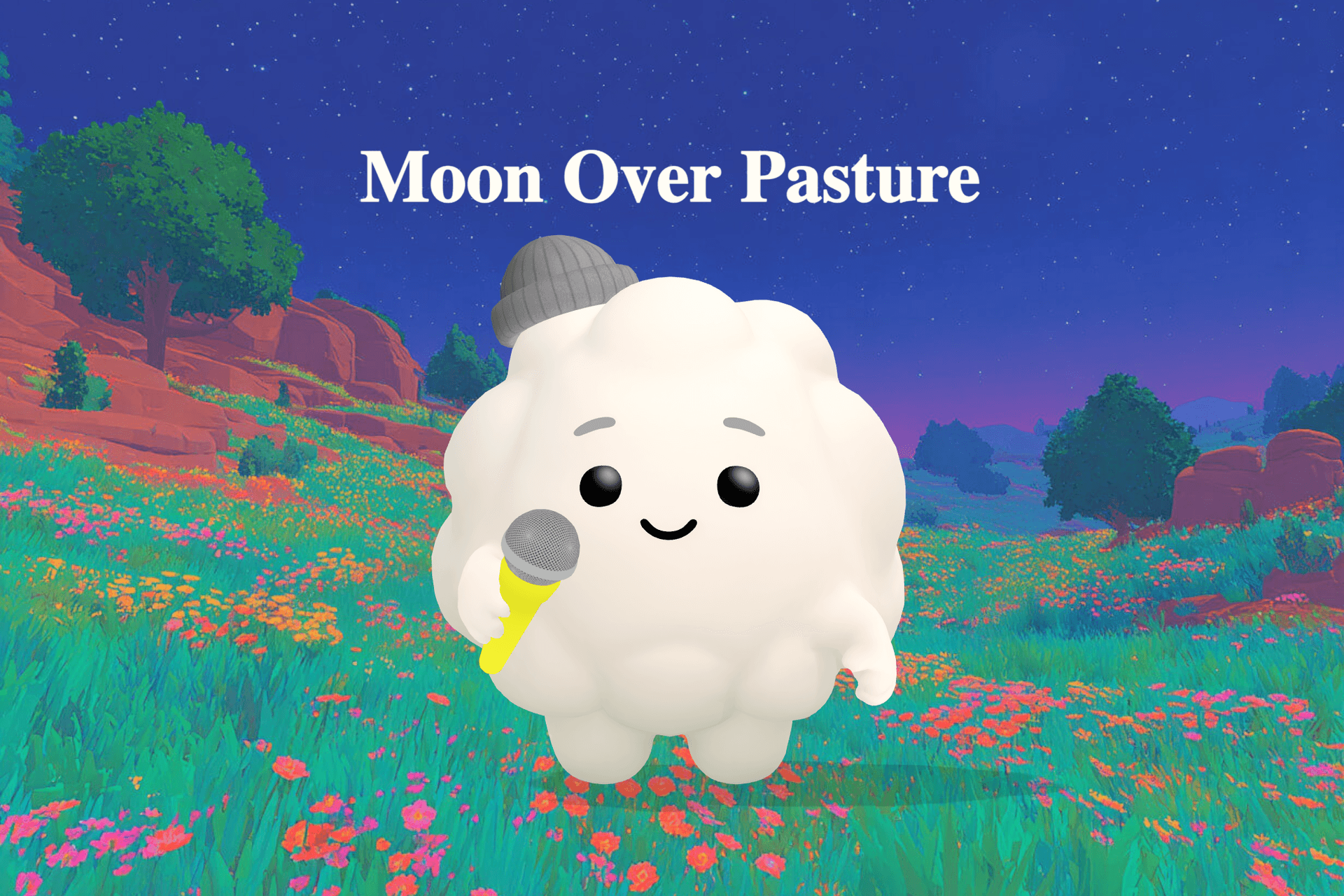 A soft, dreamy pasture bathed in silver moonlight with twinkling stars above gentle rolling hills and a warm golden glow in the distance.