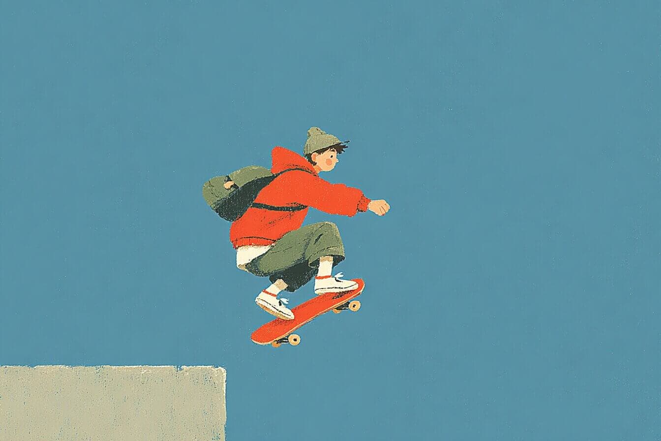 A teen boy stands in a dusty attic holding a midnight blue skateboard painted with silver stars near a round window.