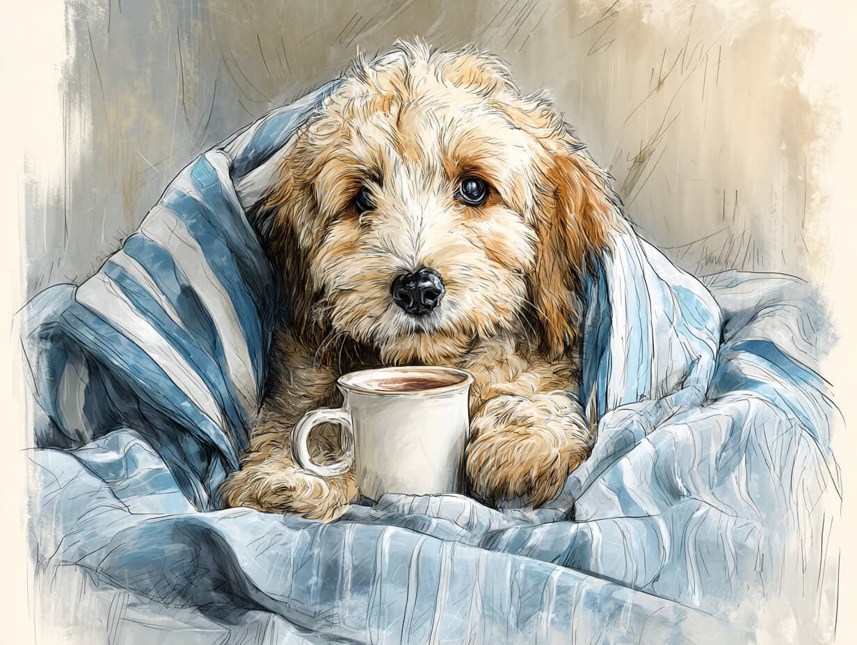 Grown up relaxing in a quiet café garden at night with a small dog and a warm drink