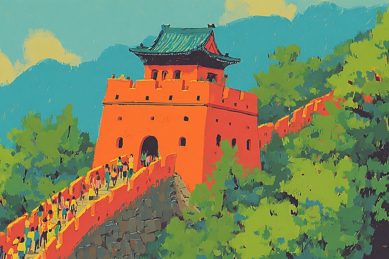 A small jade dragon paints glowing pictures on the Great Wall while a child watches quietly under moonlight.