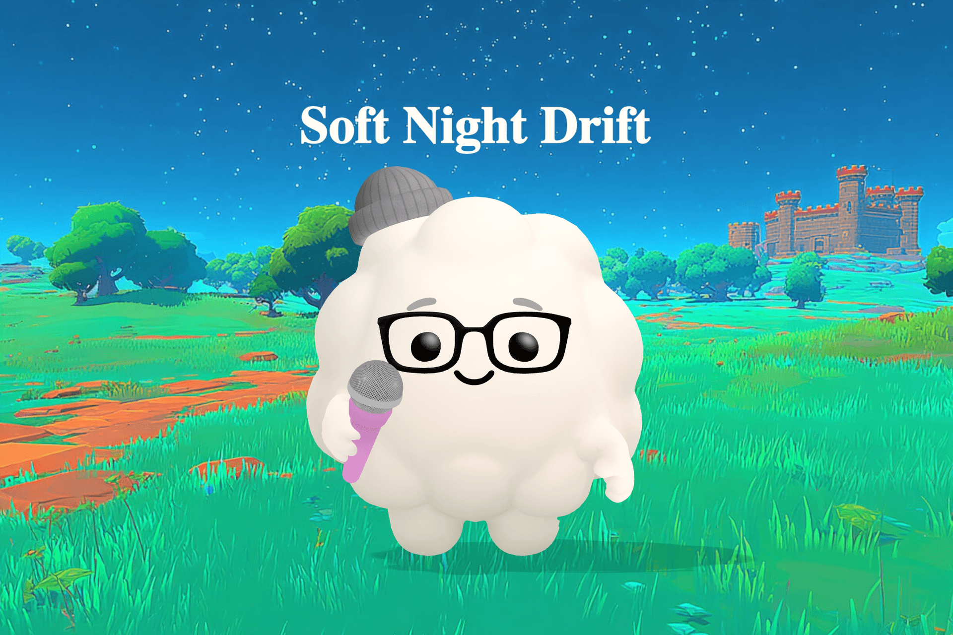 A calming song with lyrics rendered as cover art, a velvet cat curled on a moonlit pillowcase while glowing words drift softly above a sleeping child's room.