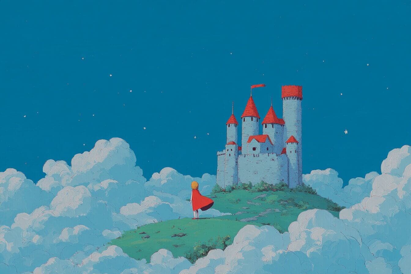 Princess Marigold steps from a high castle tower onto a shimmering cloud bridge under a quiet sky.
