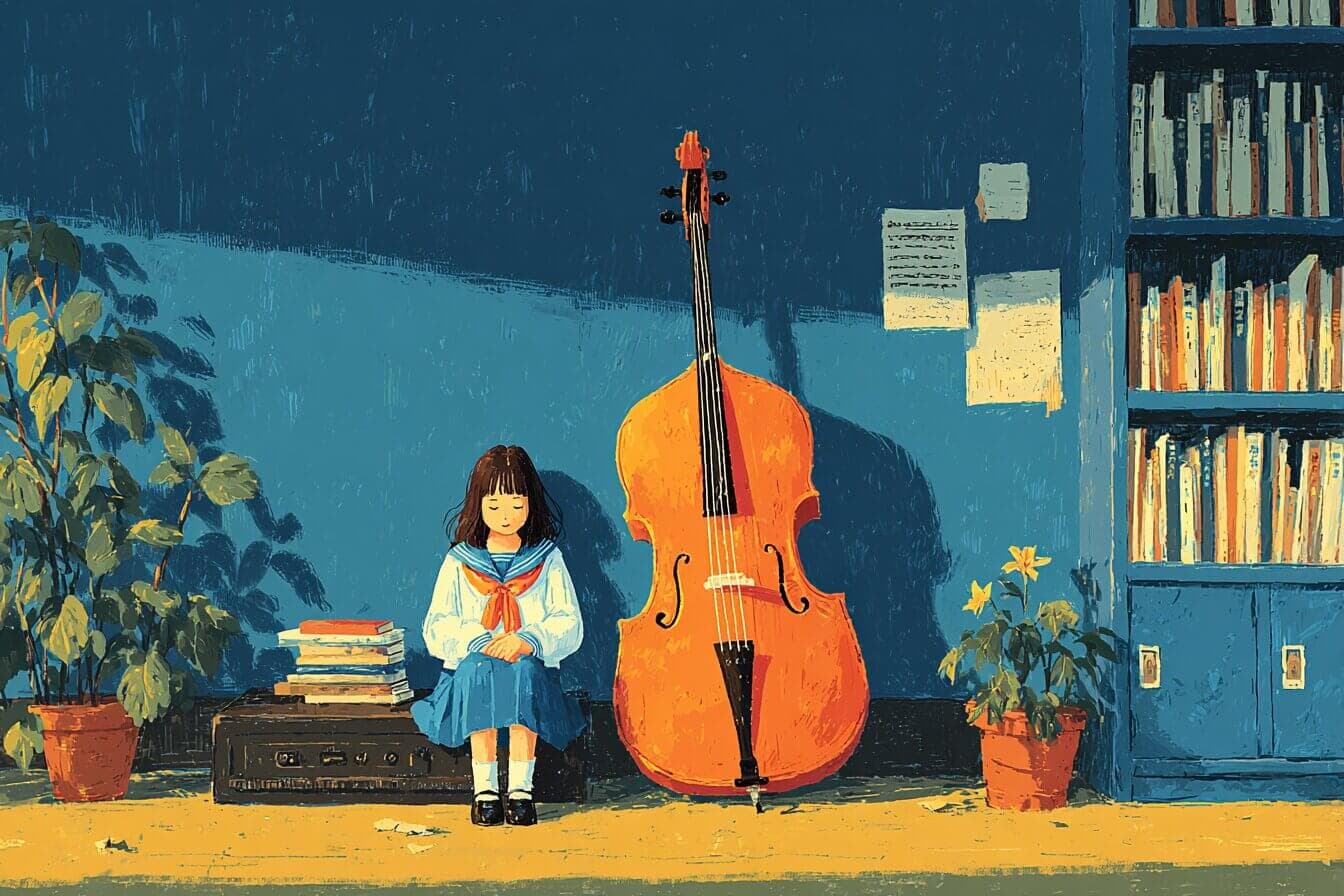 A girl named Amara leans her cheek against a giant cello in a golden lit school music room while the instrument glows softly.