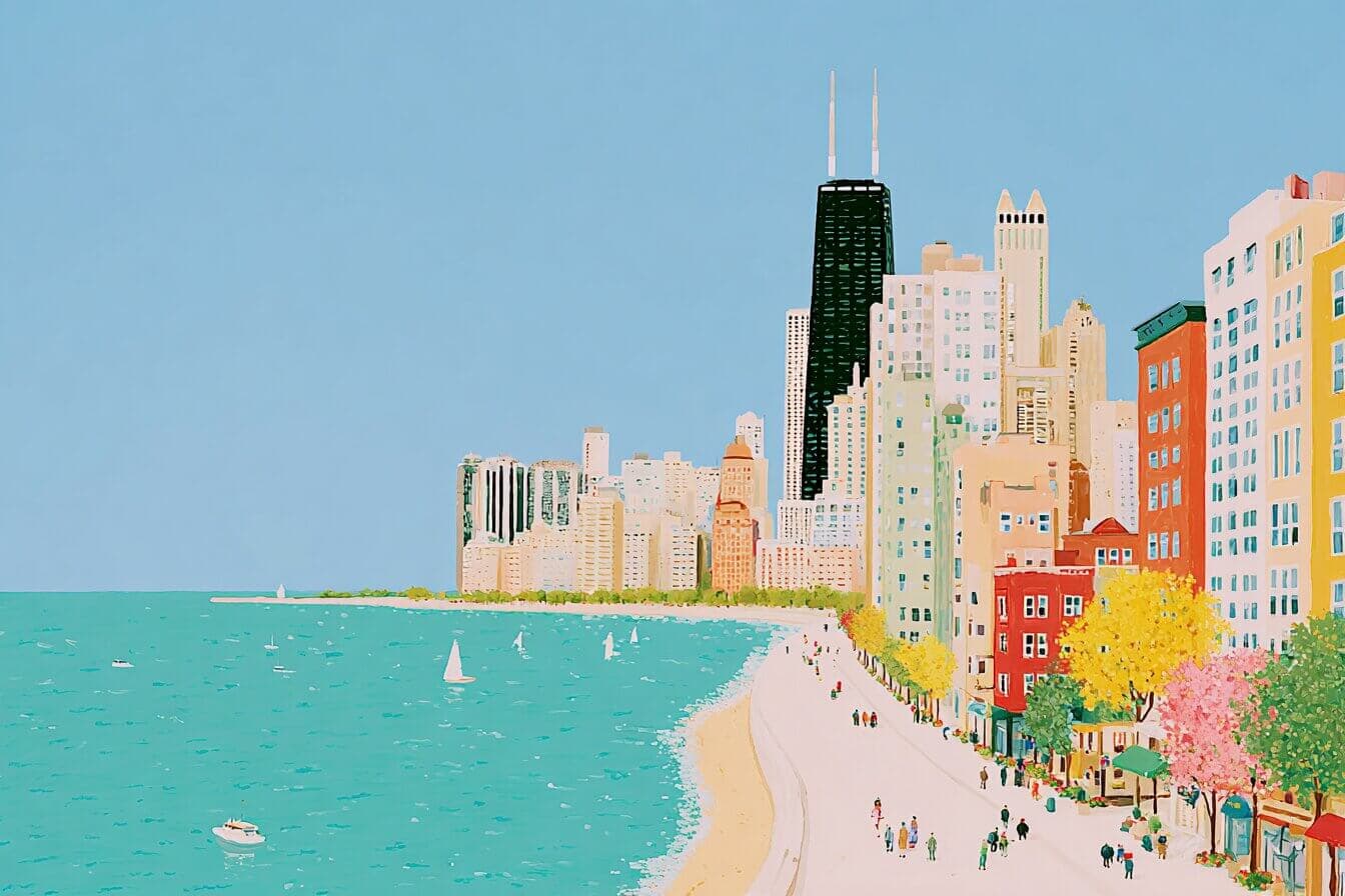 A child in a cap smiles as a friendly breeze swirls leaves near the Chicago skyline at sunset.