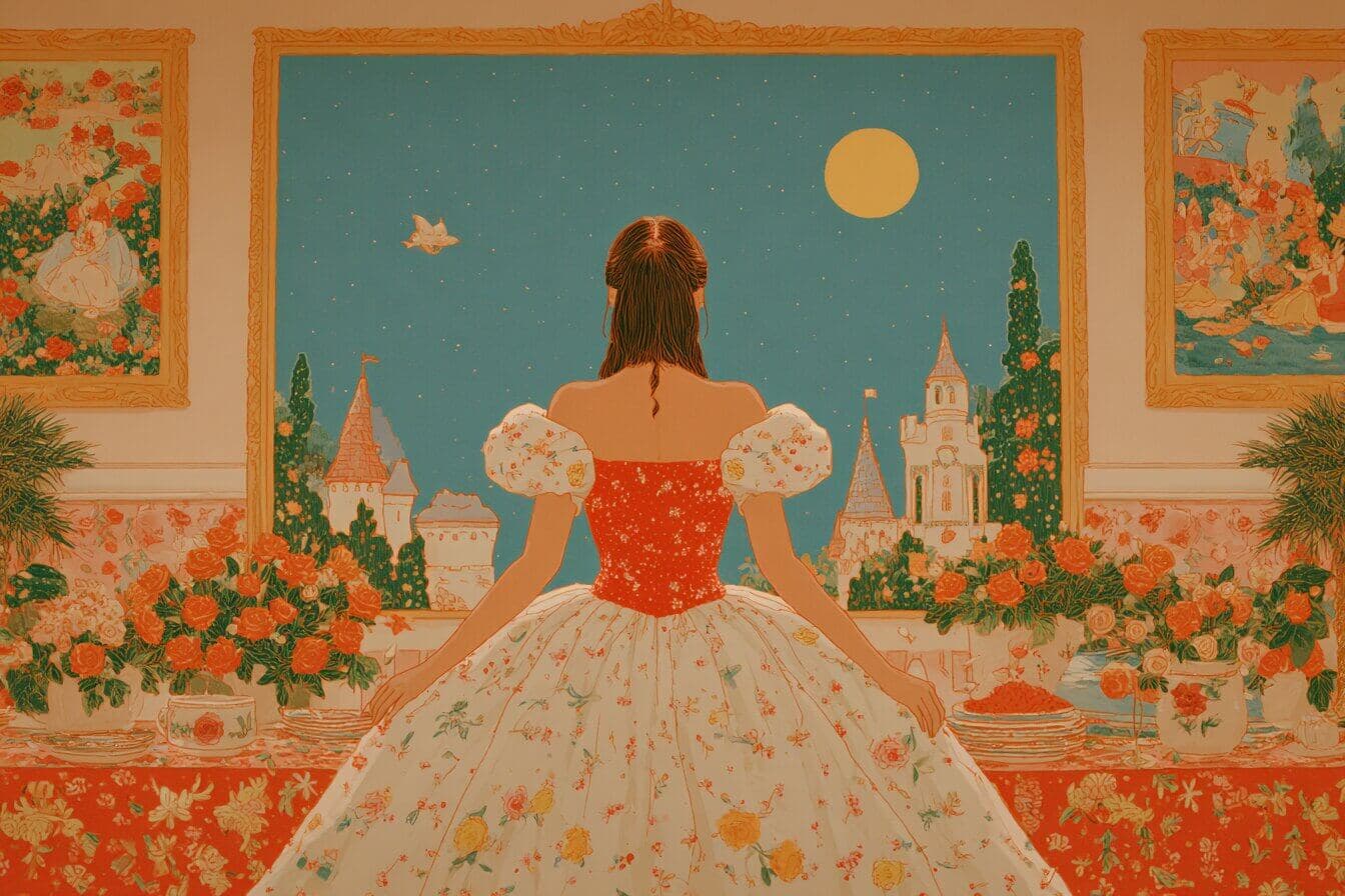 Celia in a sunrise colored gown steps into a moonlit coach while starlight slippers shimmer with tiny galaxies.