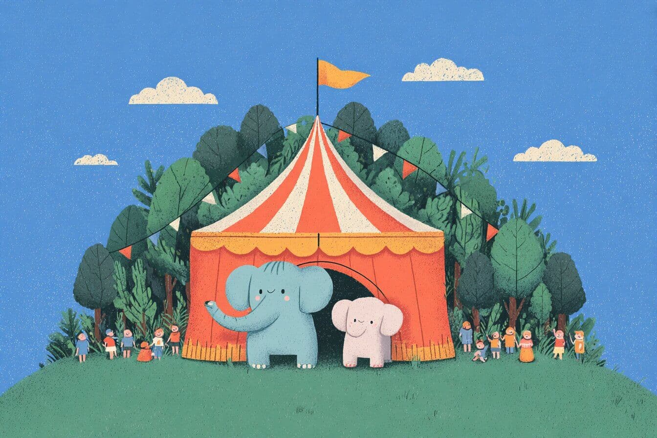 A candy striped circus tent glowing softly at dawn while a shy child holds a tiny folded big top in their palm.