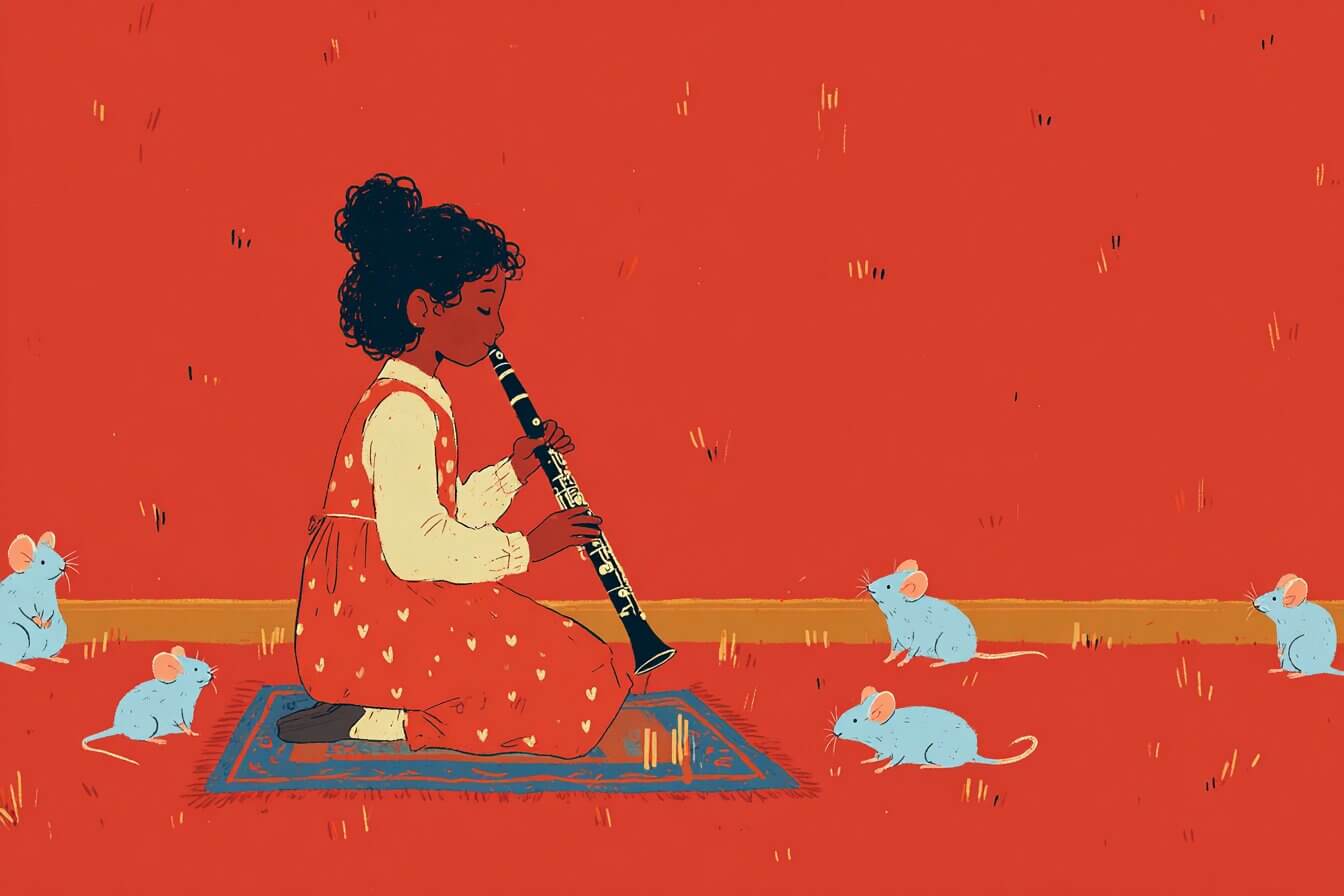 A girl in polka dot socks plays clarinet in her bedroom while tiny mice in formal attire applaud from a matchstick concert hall beneath the floorboards.