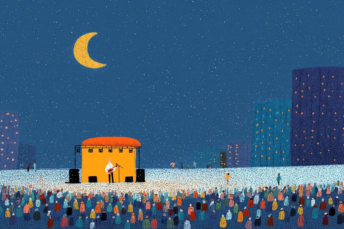 A child leaning against their mother on a blanket at an outdoor concert under glowing string lights and a dark blue sky.