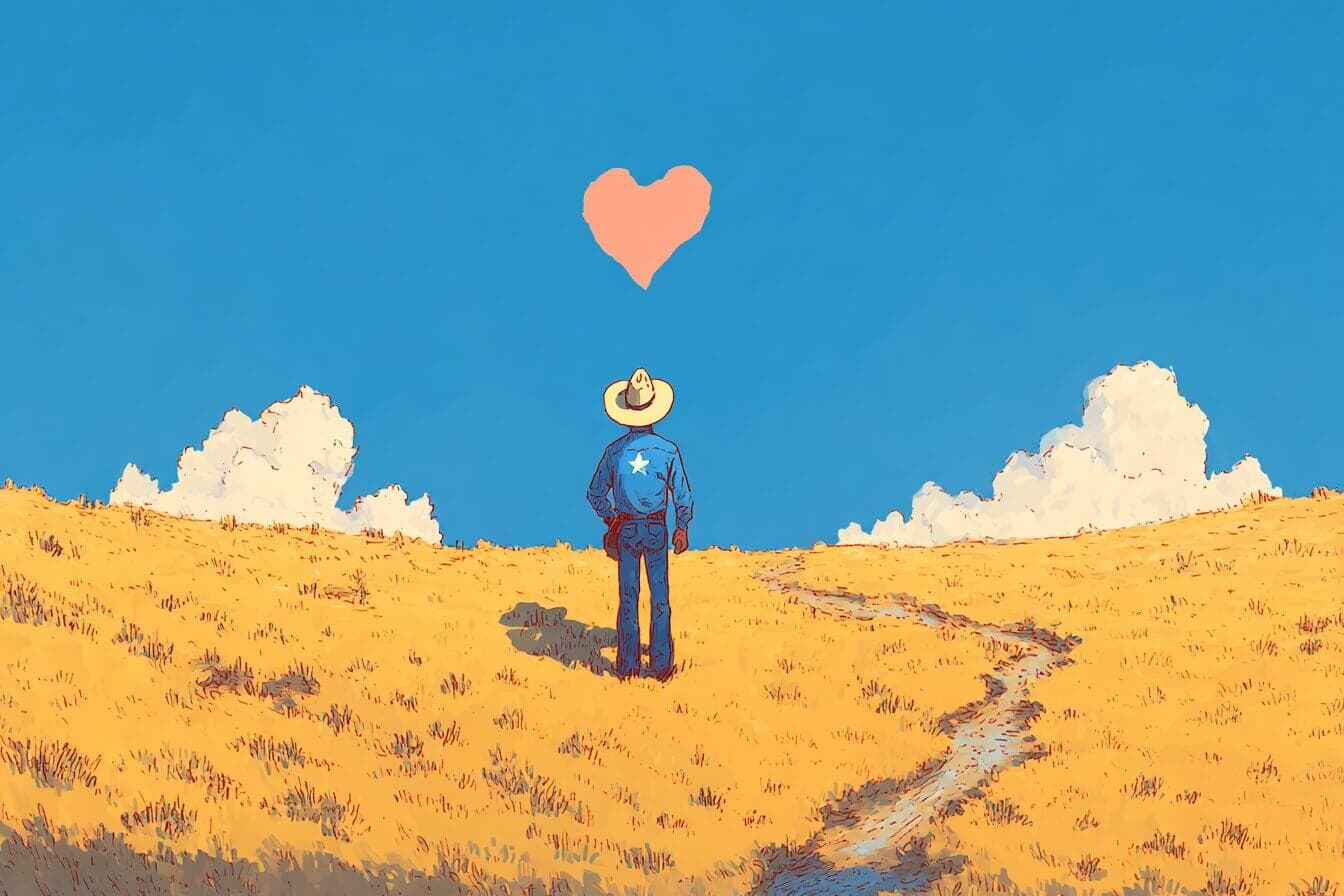 A young cowgirl and her speckled pony stand under a wide Texas sky as friendly prairie animals gather nearby.