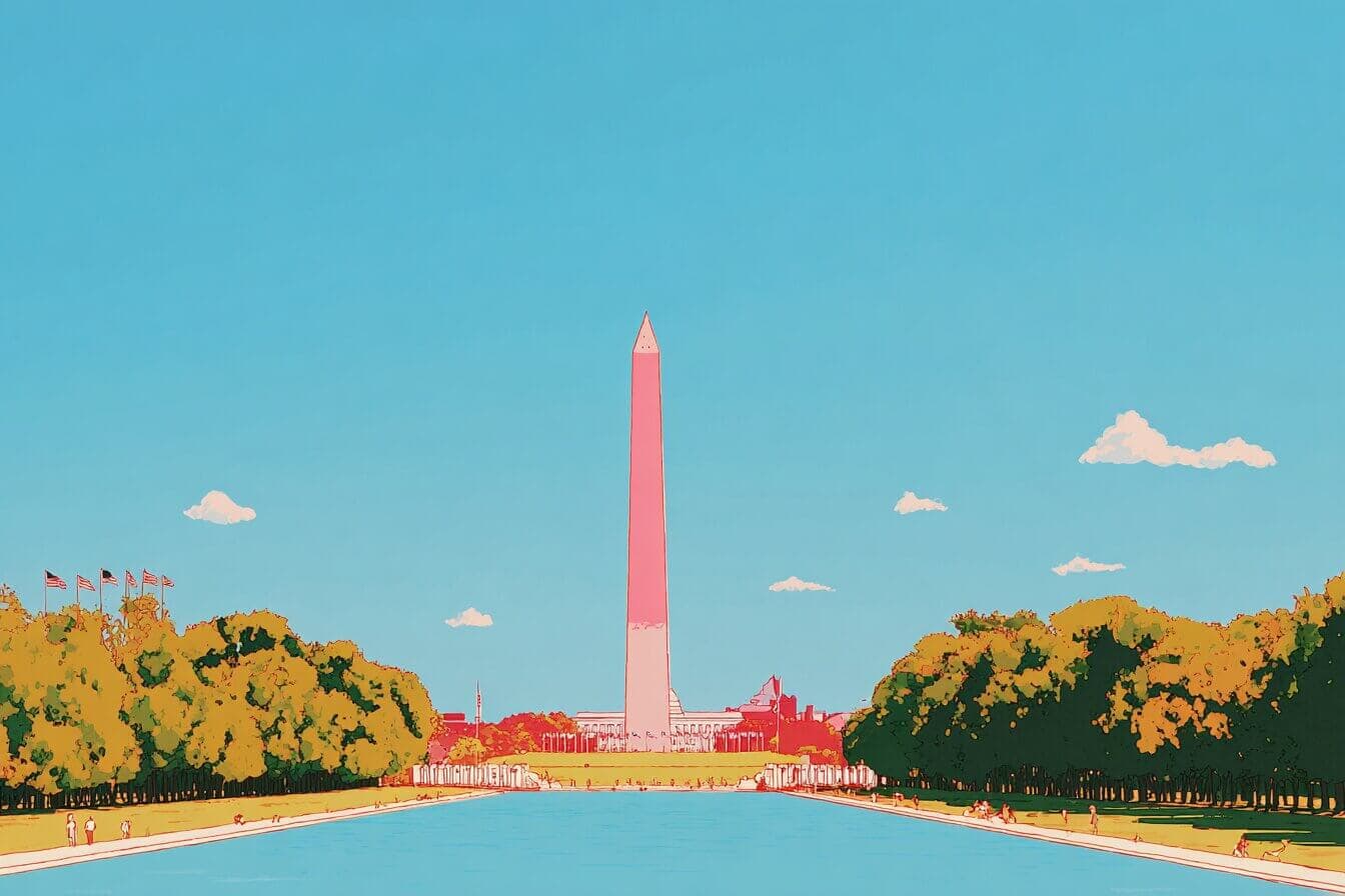 A small sparrow perches near a glowing monument while a child writes a hero story on a bench in Washington DC.