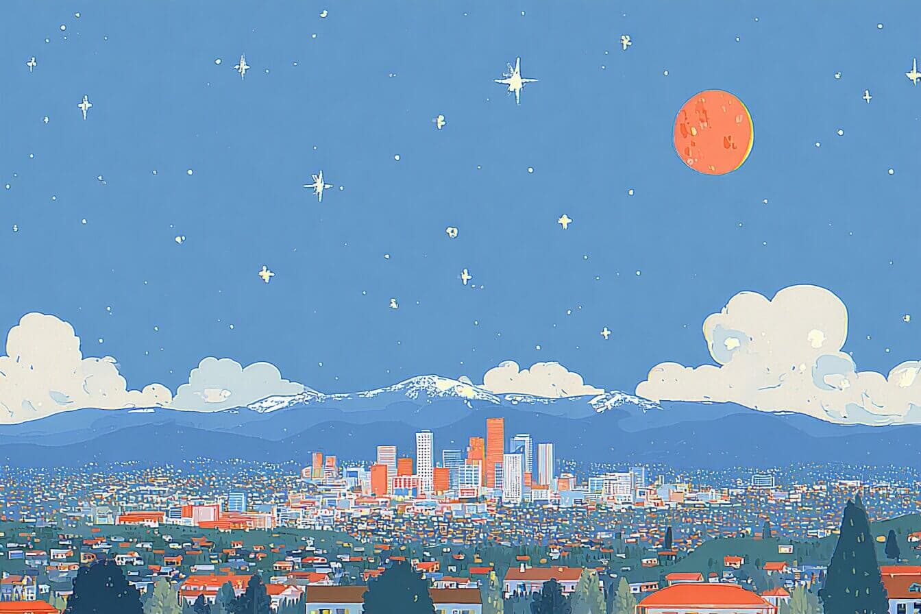 A child rides a glowing star above Denver and the mountain peaks under a calm night sky.