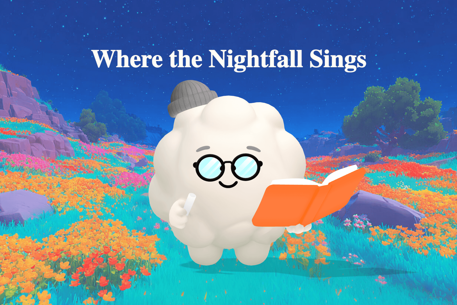 A soft, dreamy nighttime scene with gentle stars glowing above calm silver ocean waves and a quiet moon lighting a peaceful meadow.