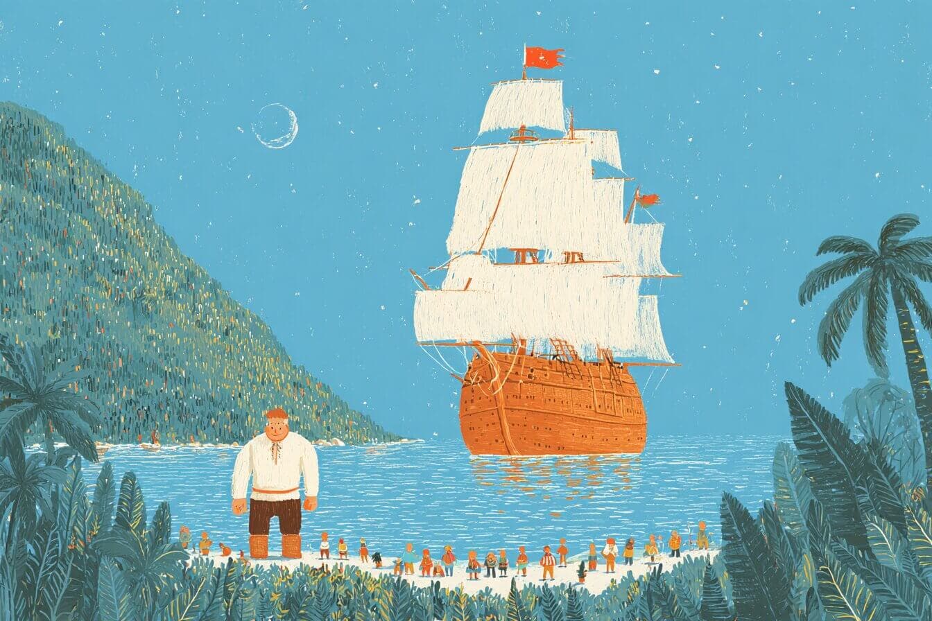 A gentle giant doctor kneels beside tiny lighthouse builders on a moonlit island shore.