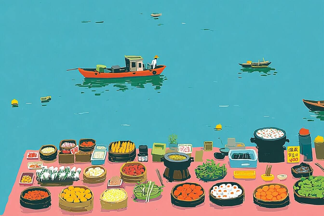 A child holds a sketchbook by Hong Kong harbor while boats drift on calm silver water.