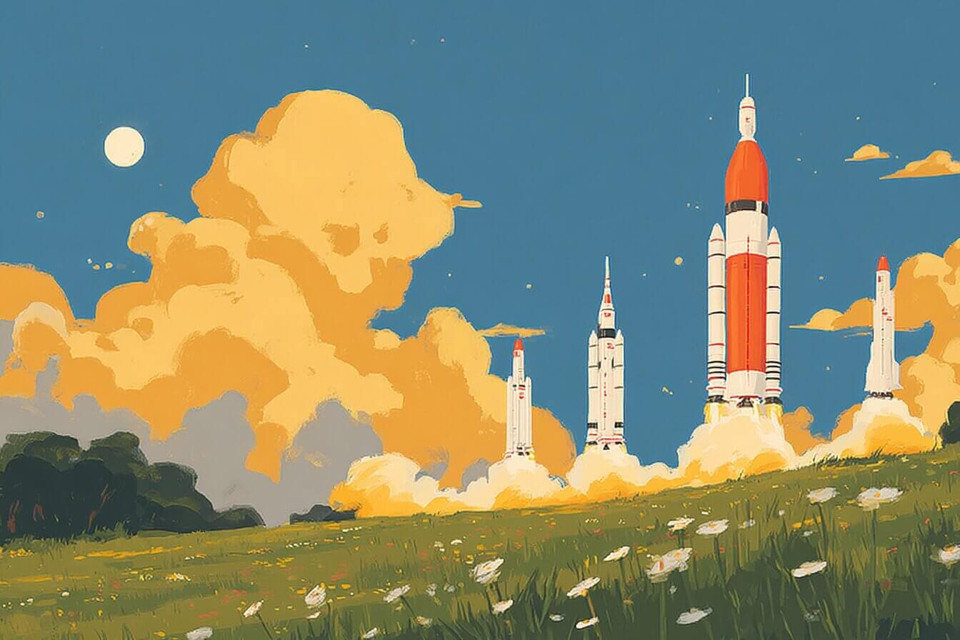 A small spotted dog watches rockets and a glowing moonbeam parade in the night sky near Houston.