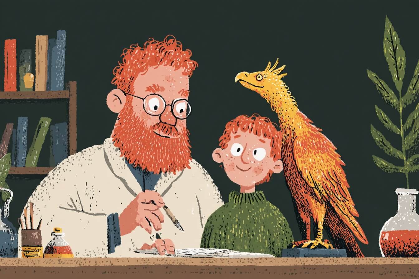 Daedalus and Icarus glide above a cloud maze with feathered wings in soft morning light.