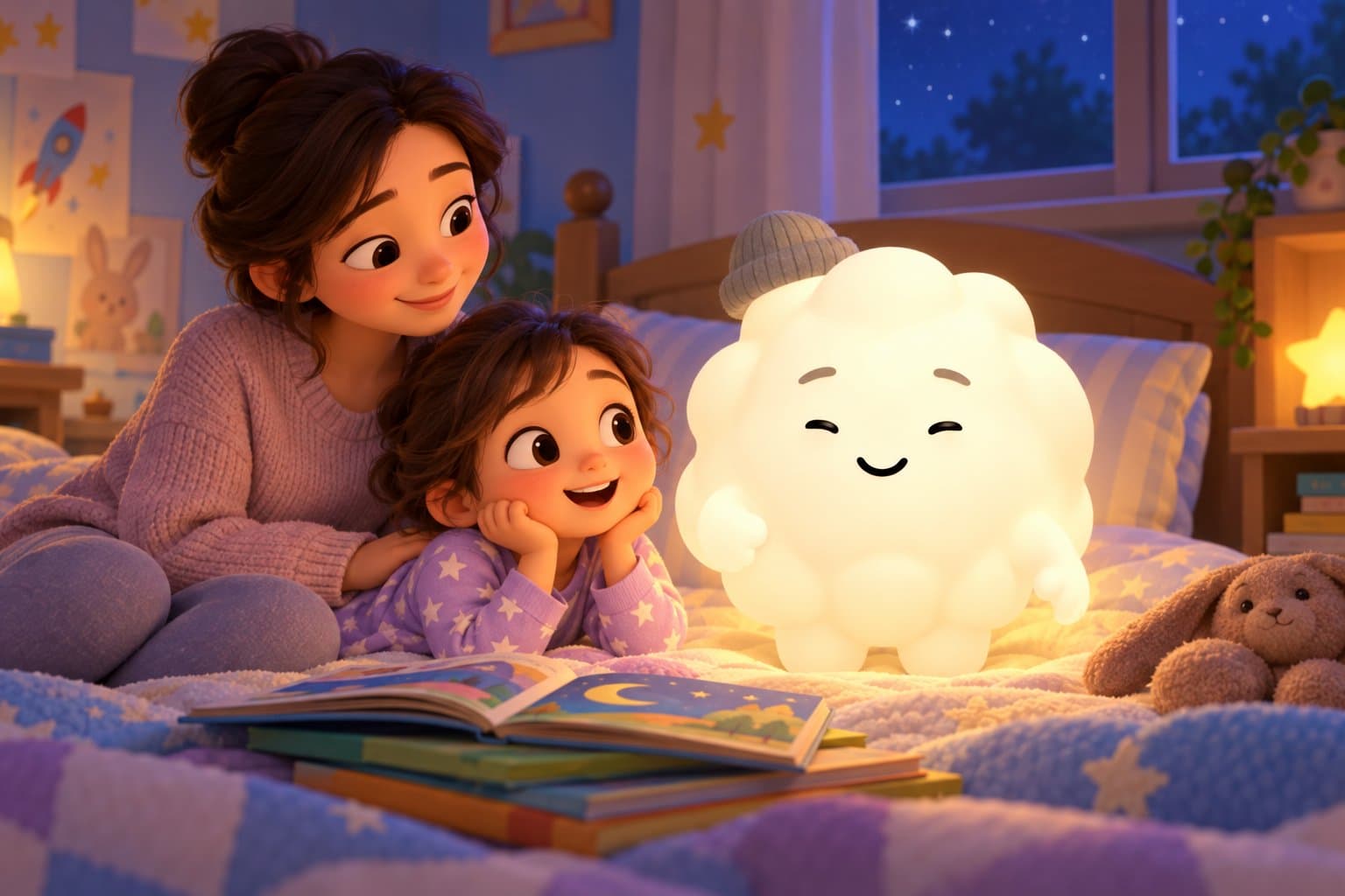 Cleo the Cloud, Sleepytale's friendly cloud companion, floating beside a child at a kitchen table as a parent looks over a tablet together.