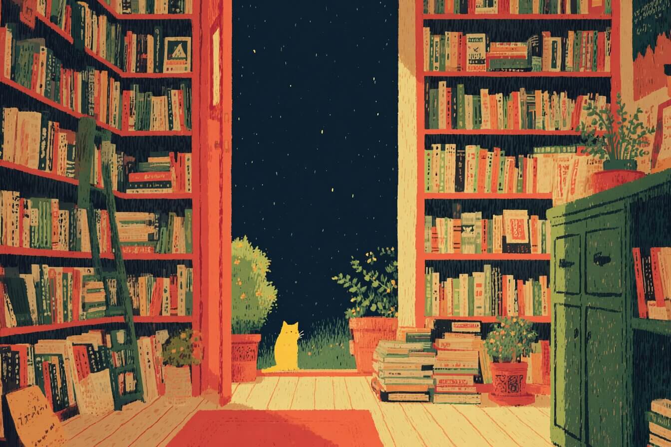 A child reading quietly in a moonlit library where softly glowing books seem to whisper.