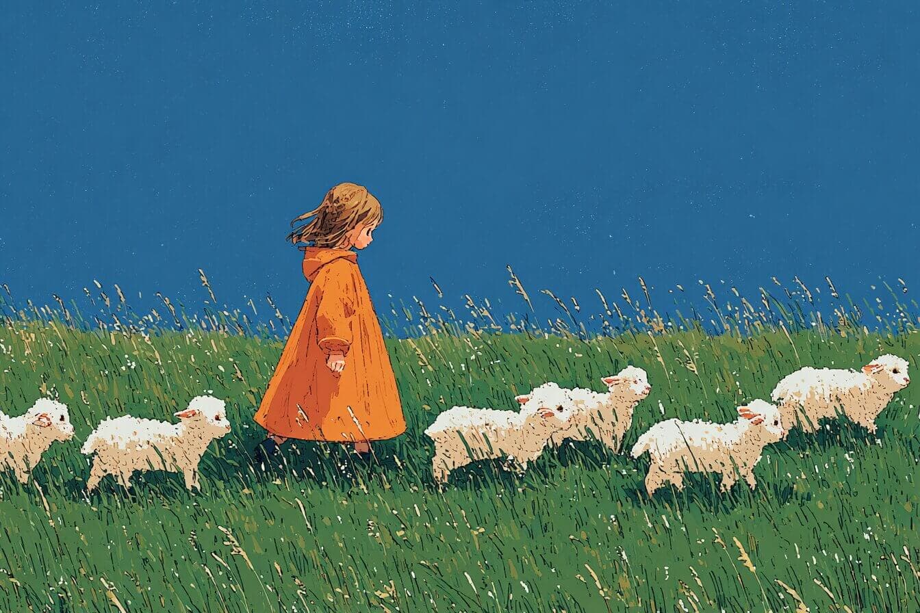 A calm shepherdess in a misty green valley watches fluffy white sheep near a quiet brook and willow tree.