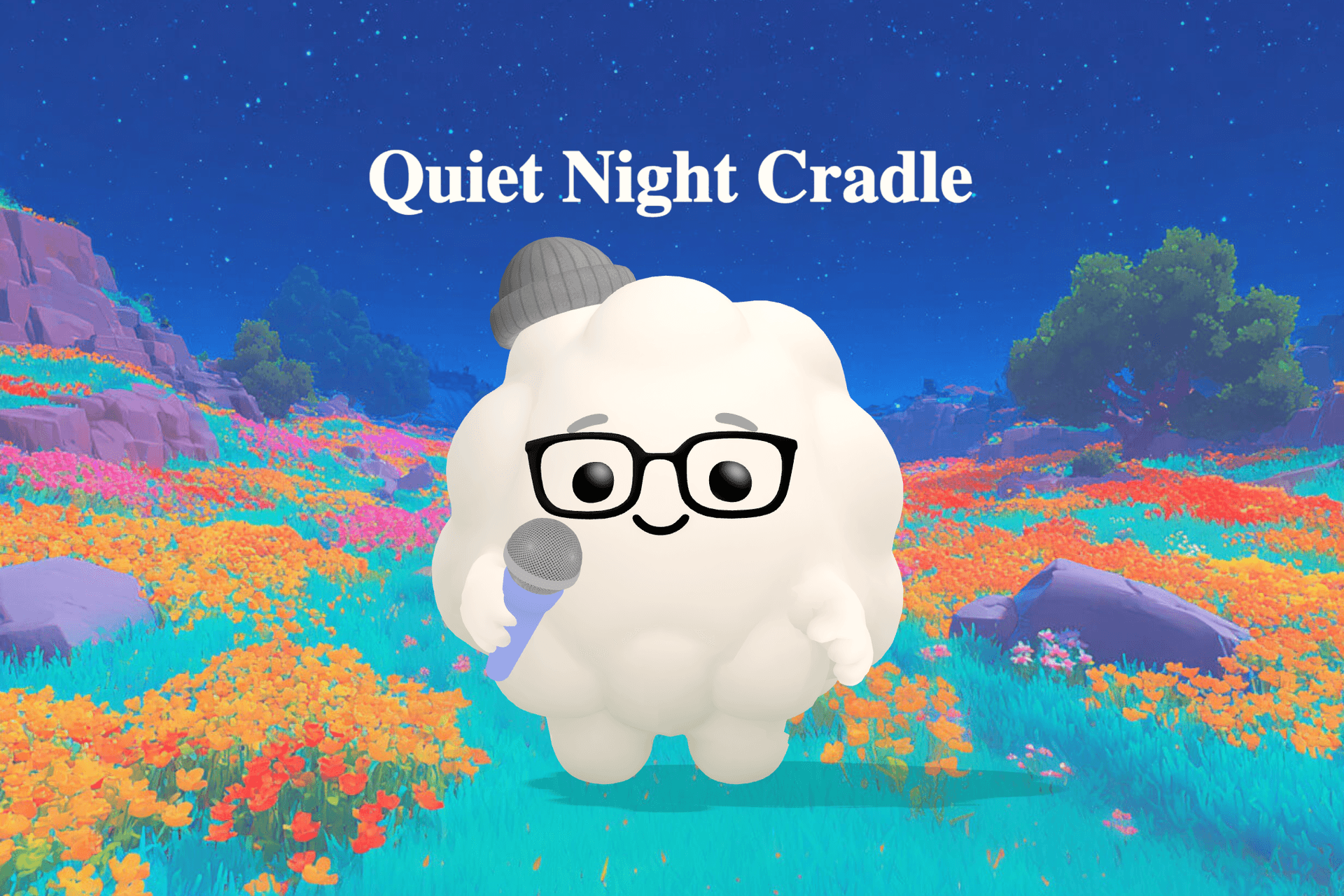 A lovely gentle sleep song scene as cover art, a small gray cat resting on a soft pillow by a moonlit window while dim light watches over the cozy room.