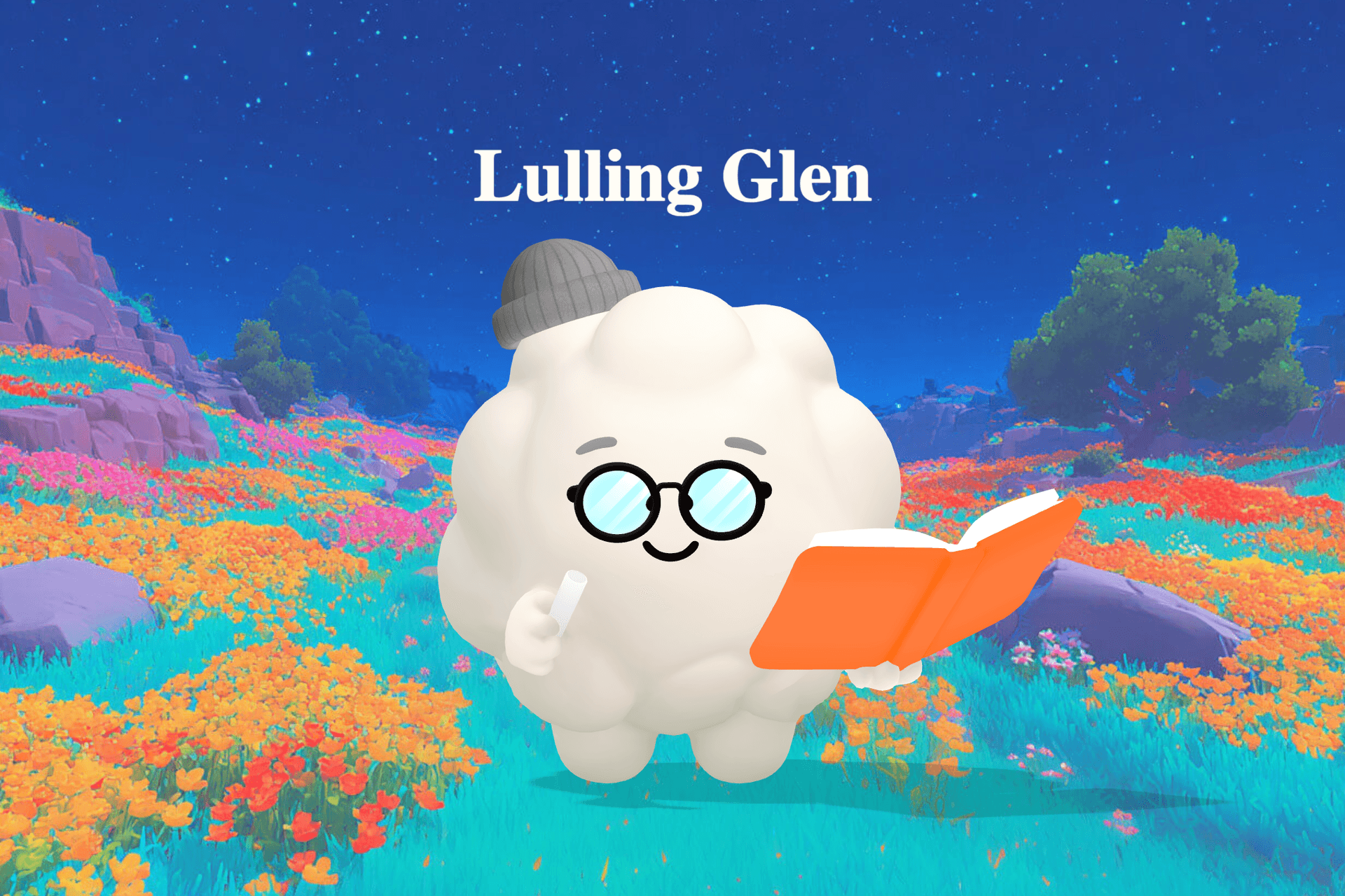 A soft, dreamy nighttime glen with glowing stars, tall trees swaying gently, and small lights shimmering along a quiet meadow under a calm sky.