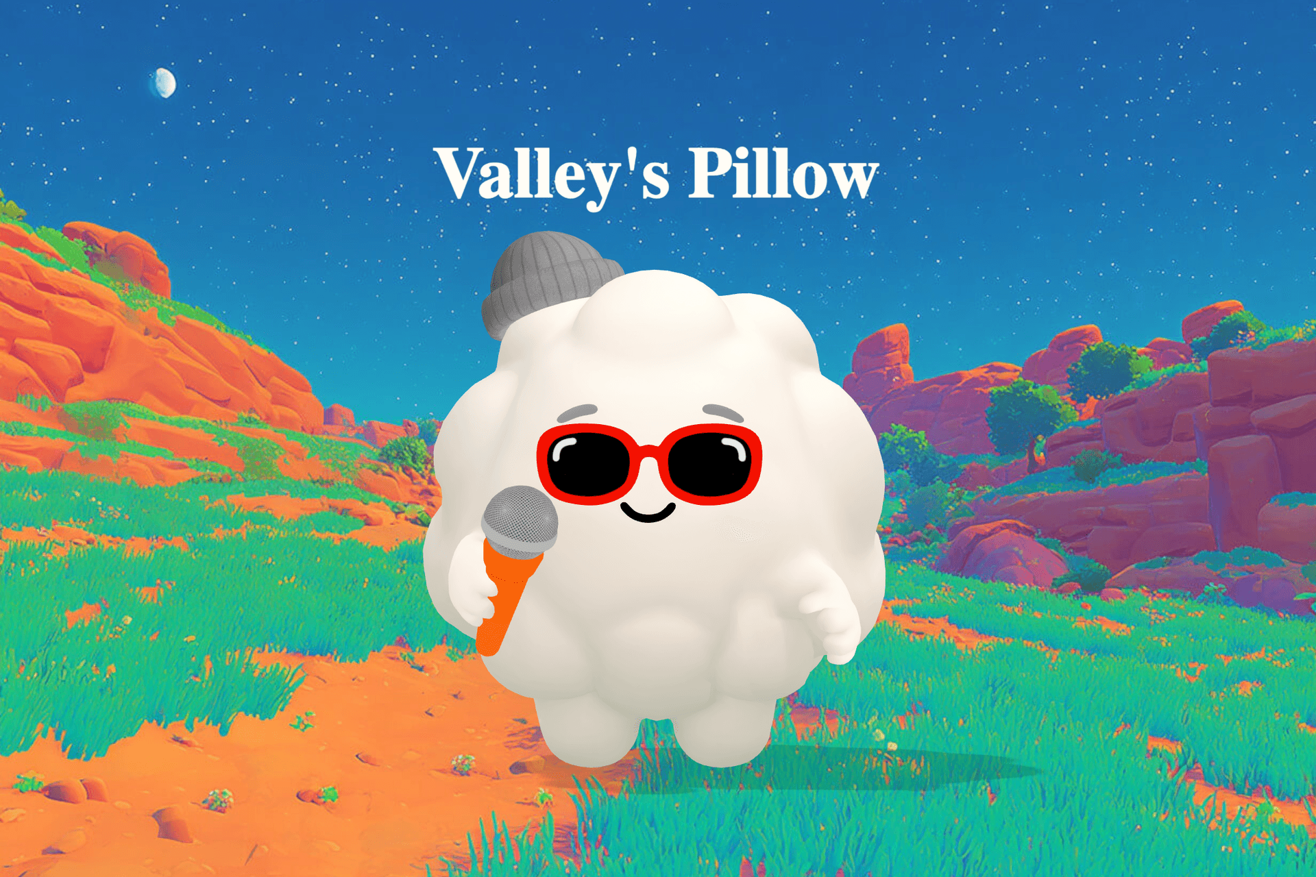 A soft, dreamy valley at night with fireflies glowing over gentle fields beneath drifting stars and a cool moonlit sky.