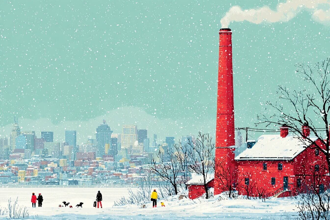 A child skates on a moonlit Minneapolis lake as an ice swan glows nearby.
