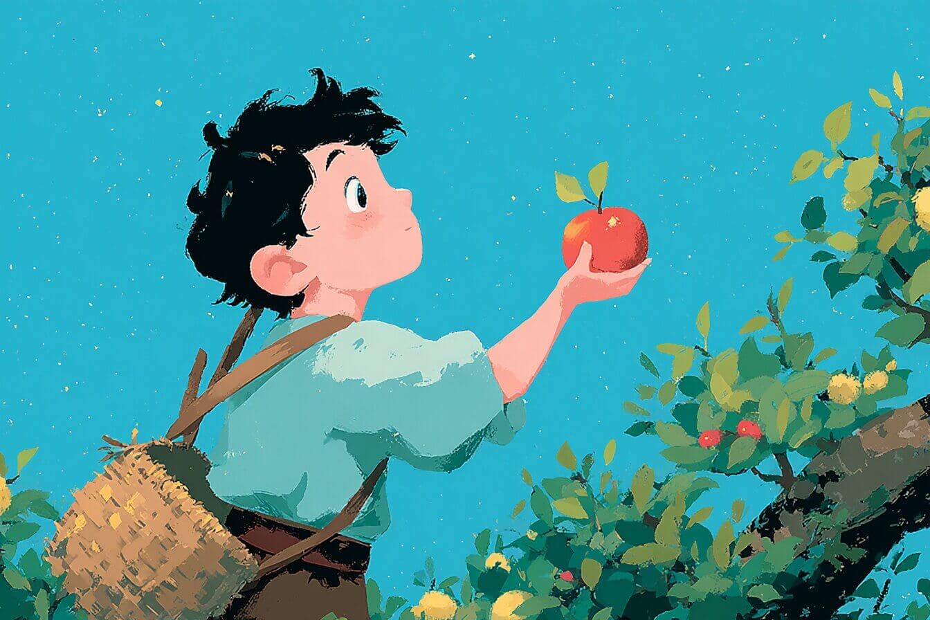 Momotaro stands on a bamboo raft with a dog, a monkey, and a pheasant under a calm moonlit sky.