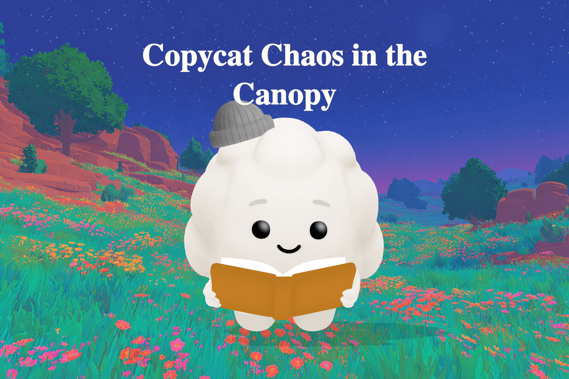 A small monkey named Milo clings to a vine in a lush green canopy surrounded by breadfruit trees and fluttering butterflies.