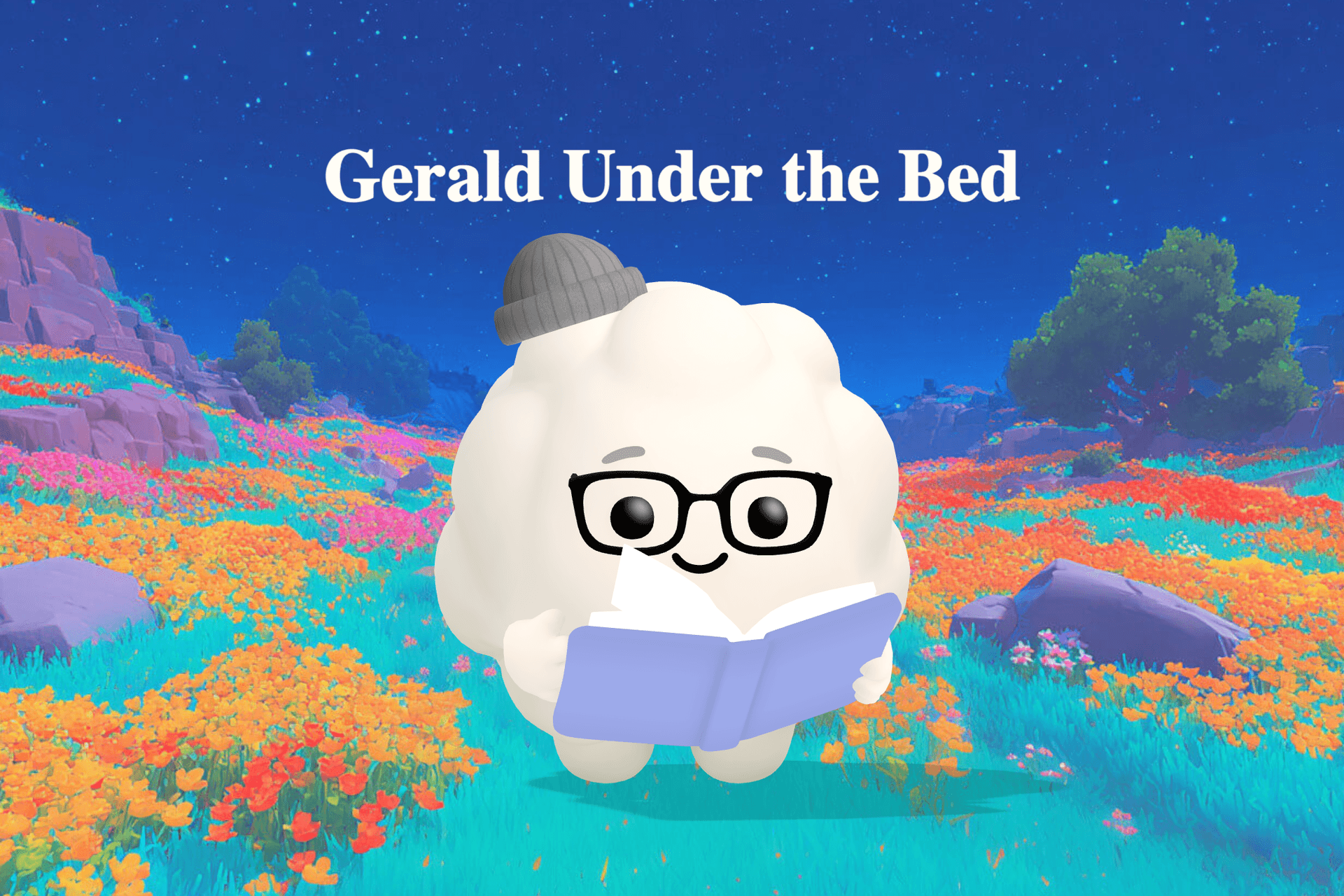 A small furry monster with huge lime green eyes hides nervously under a bed surrounded by lost buttons, a purple crayon, and a deflated soccer ball.