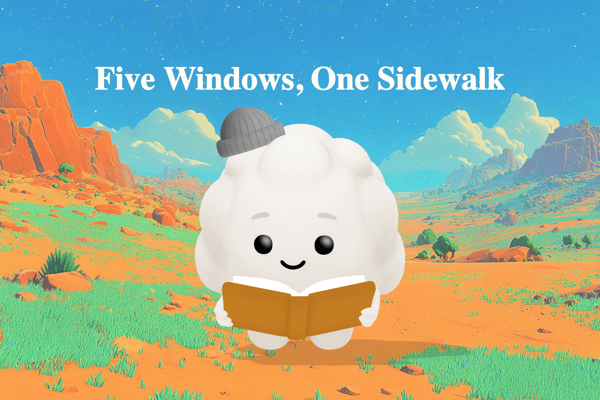 Five children from different cultural backgrounds share plates of food around a small blue card table on a moonlit sidewalk lined with glowing houses.