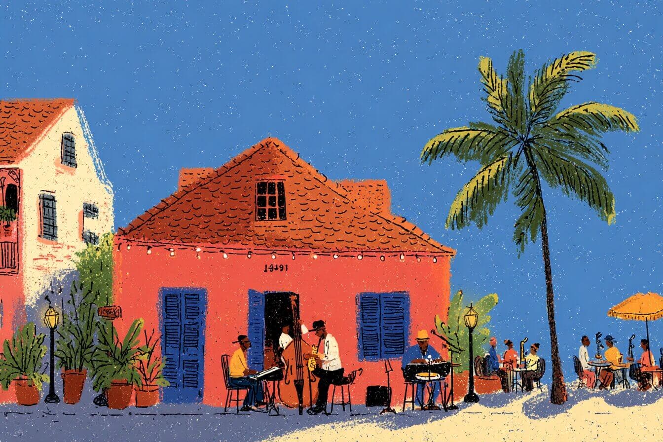 A child follows glowing music through a quiet New Orleans street toward a cozy cafe at night.