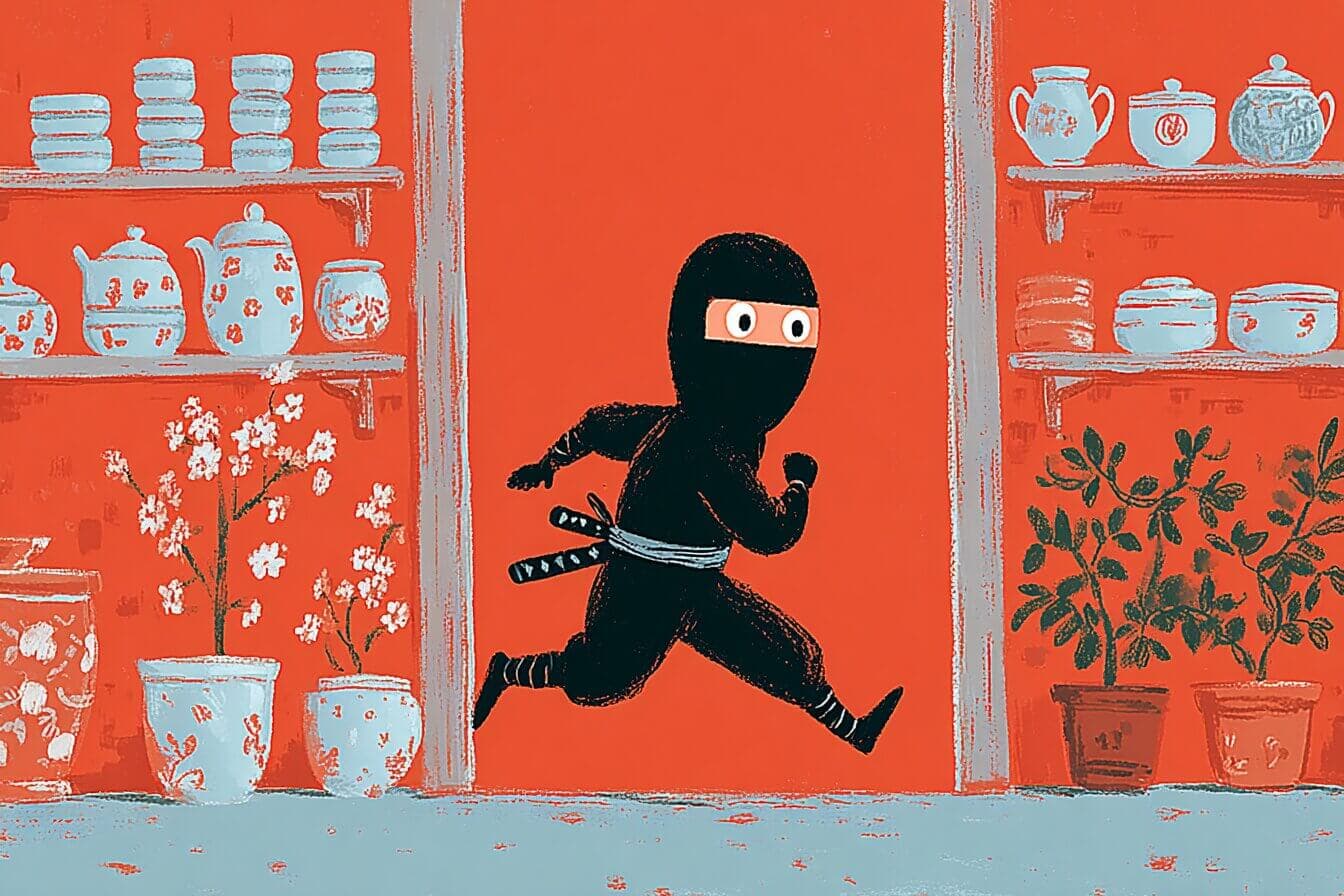 A pajama clad child ninja tiptoes in a moonlit kitchen while a cat watches near a cookie jar.