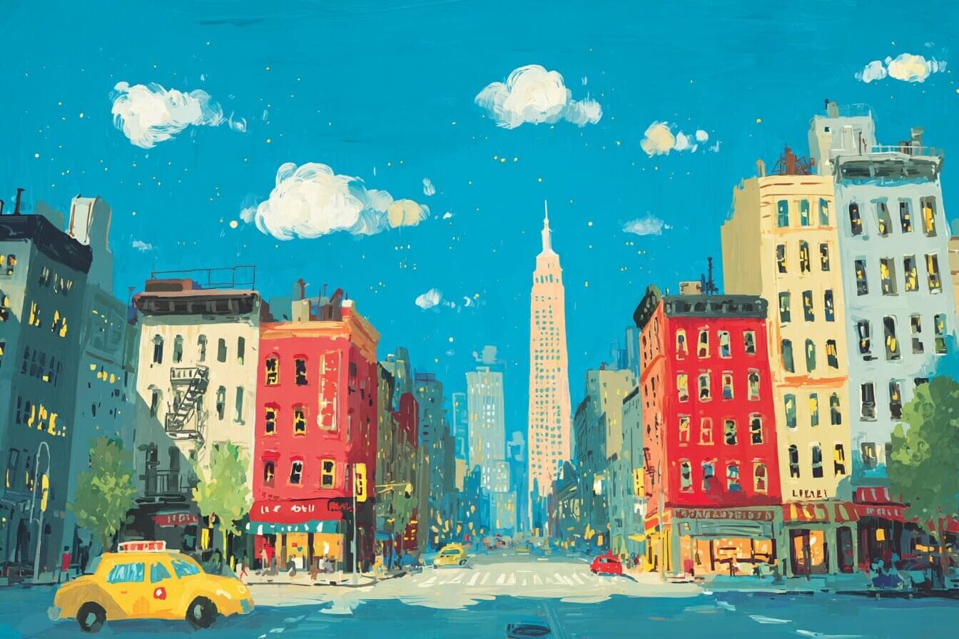 A bright red balloon with a silver ribbon floats above Manhattan rooftops while a child watches from a small park.