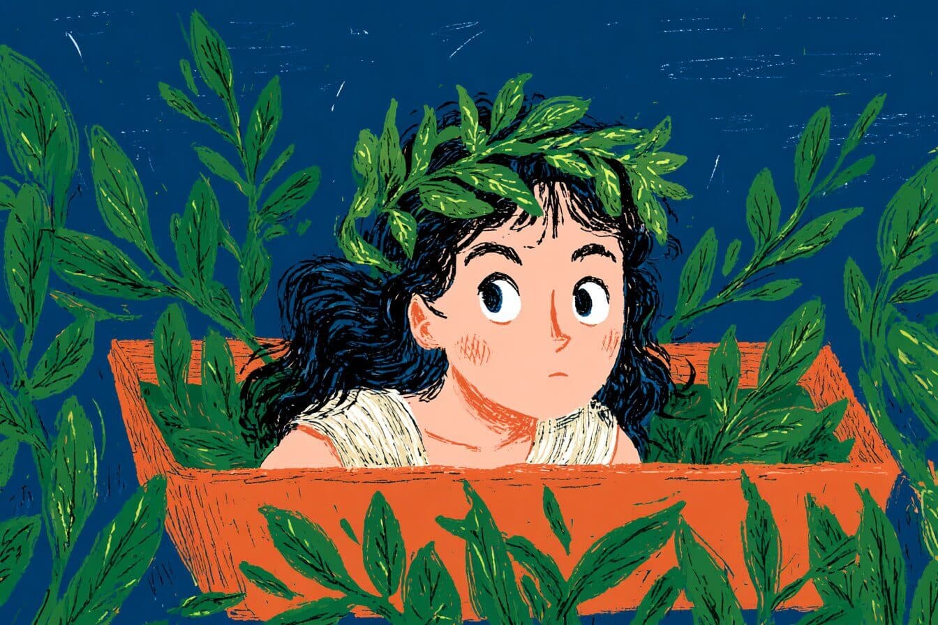 Pandora sits by a window holding a small glowing speck above a silver box while moonlight fills a quiet mountain room.