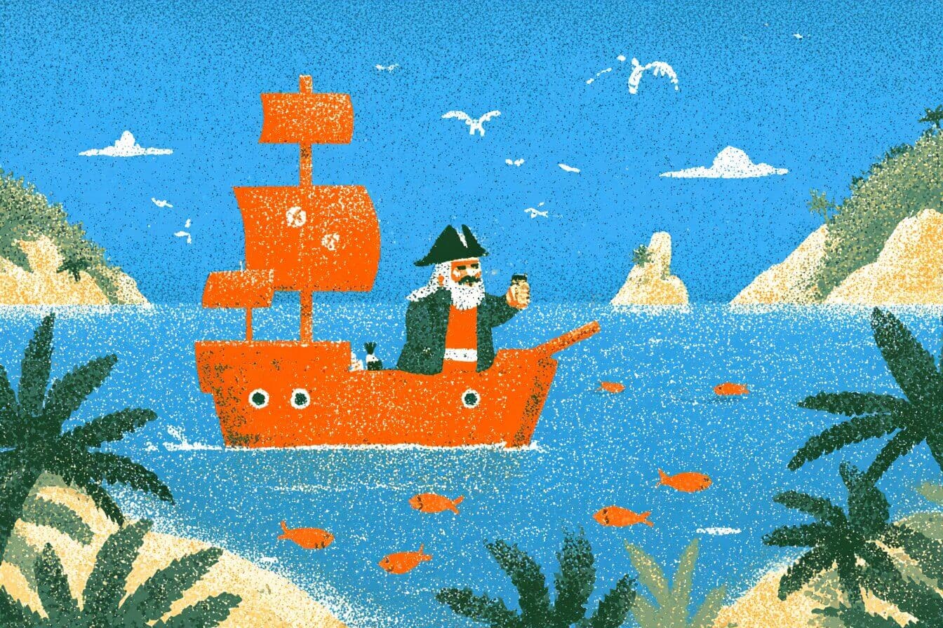 Pirate Pete sits on a quiet beach beside a small ship, sharing fruit and stories with new friends under soft lantern light.