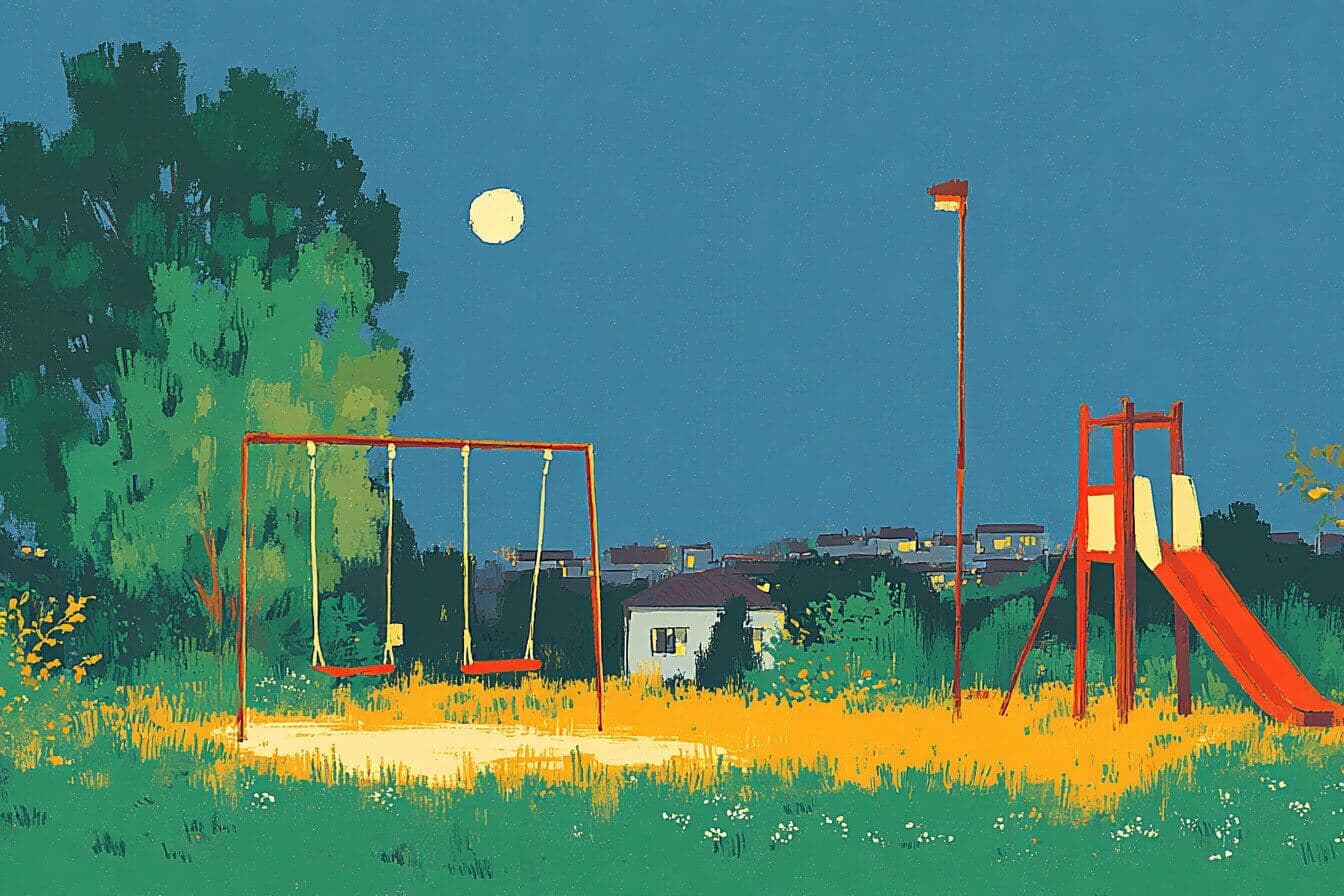 A quiet playground under moonlight with swings gently swaying and a soft glow near the control box.