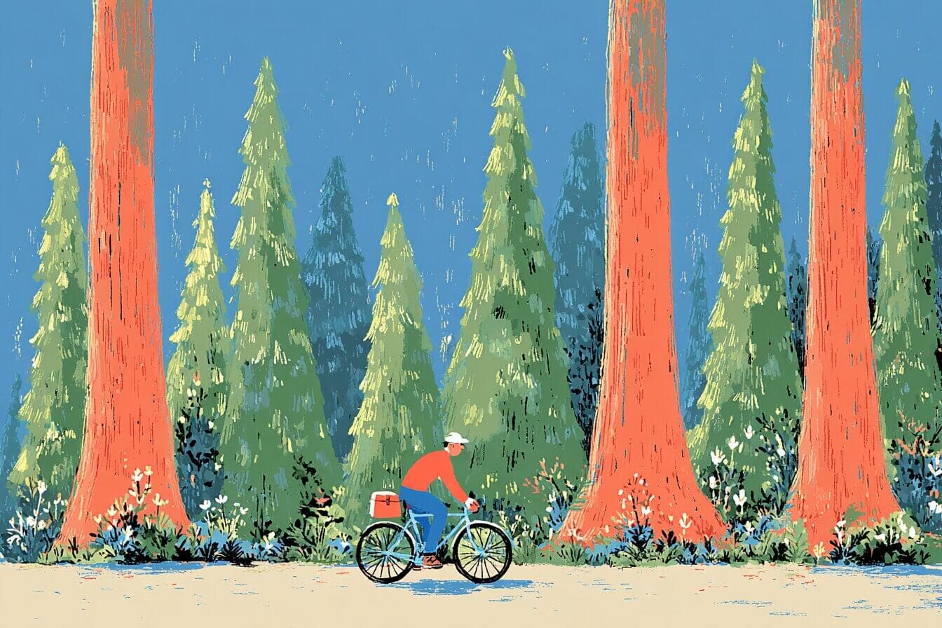 A red squirrel and a rabbit pause beside a creek trail in Portland as paper boats float past under tall trees.