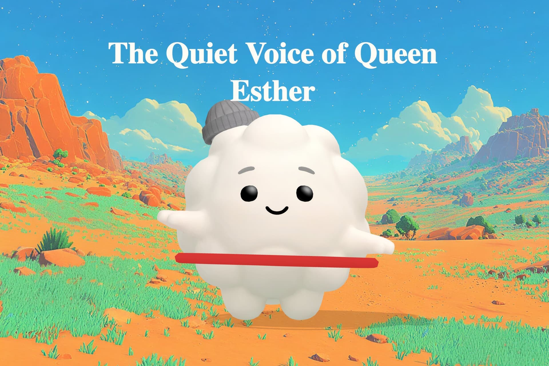 Queen Esther in deep blue royal robes standing in a vast palace doorway as the king raises his golden scepter in the distance.