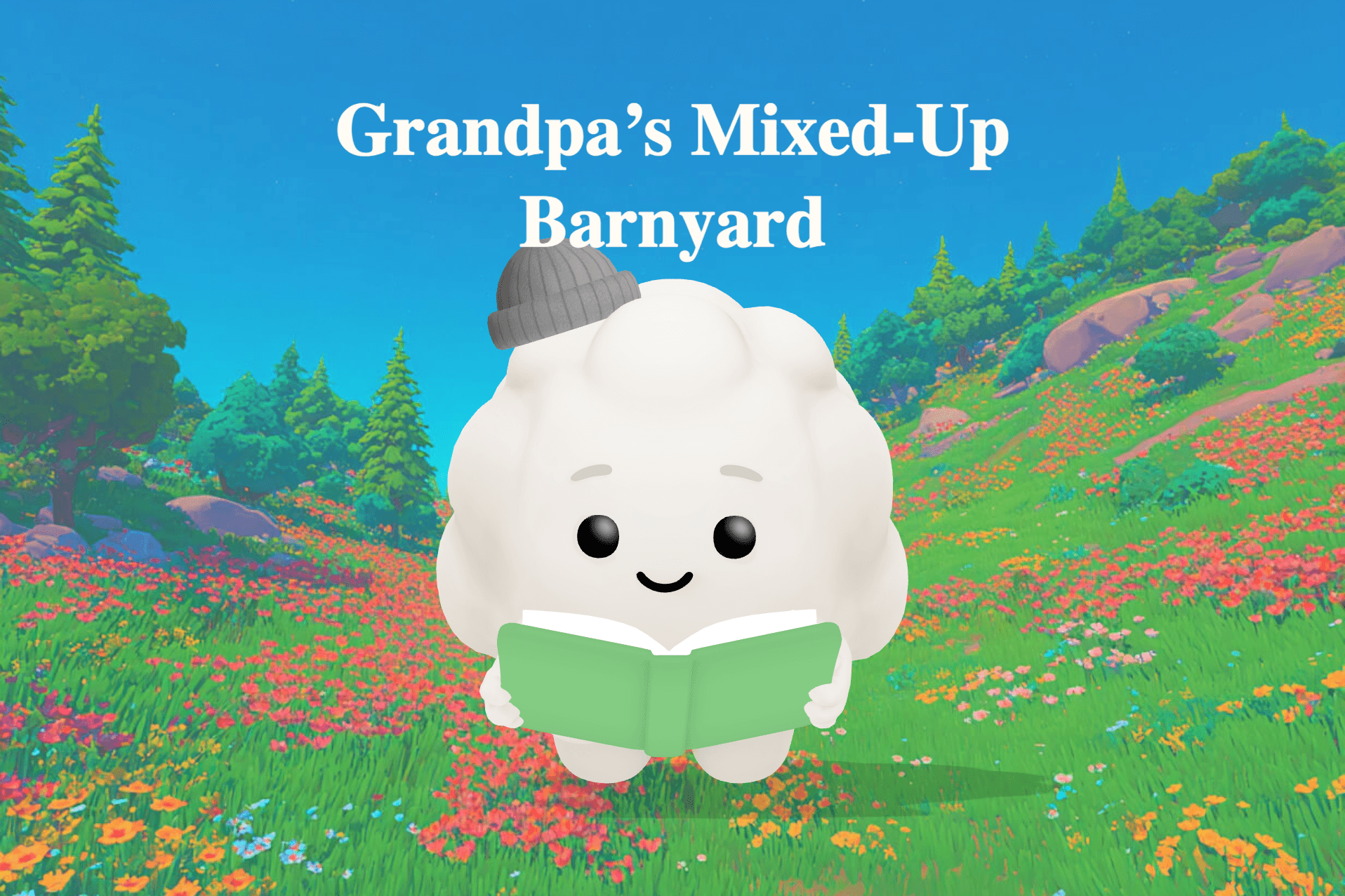 Grandpa and Lily sit together on a colorful rug reading a barnyard picture book while Lily corrects his silly animal sounds.