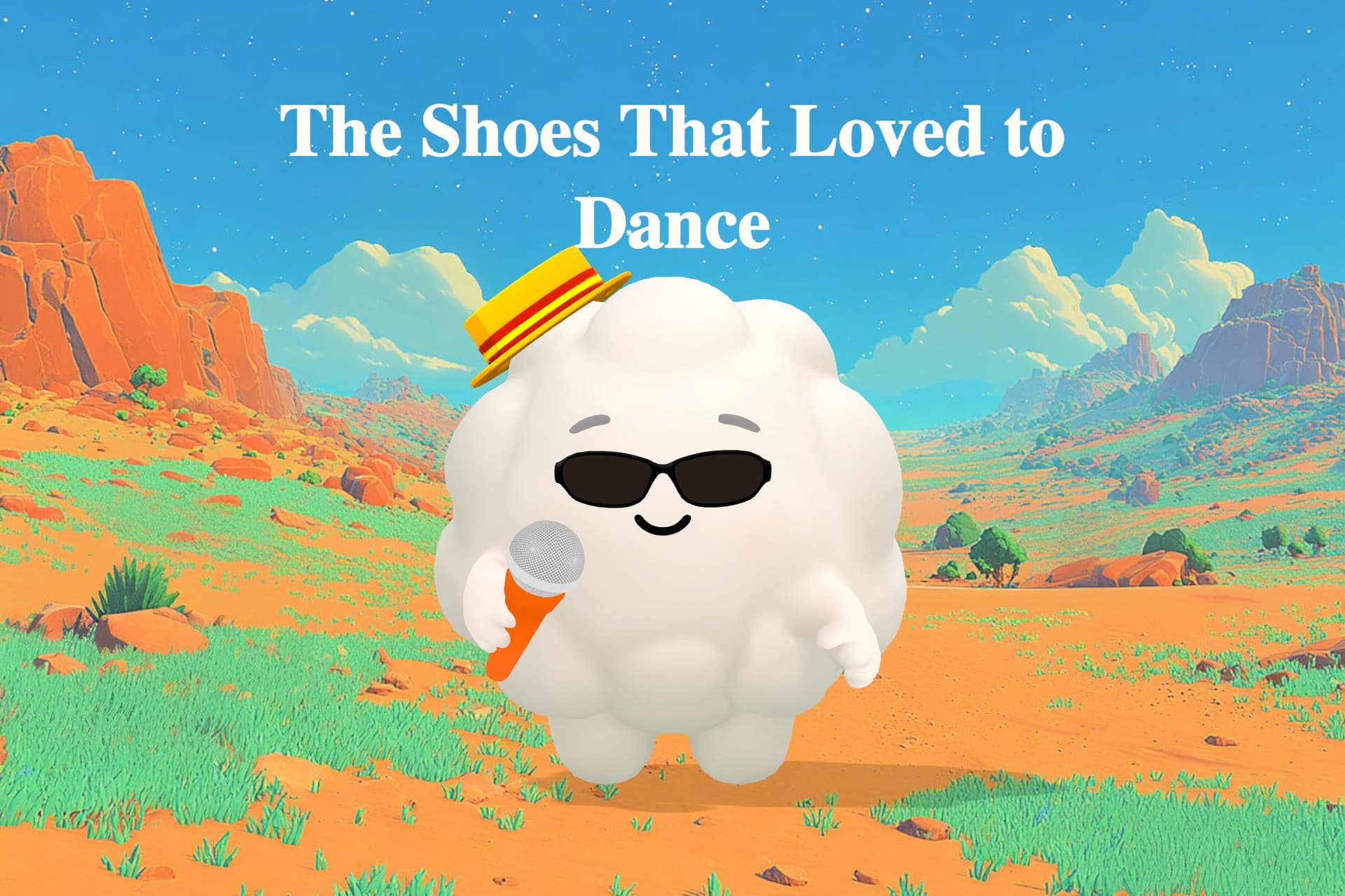 A girl named Karen dances joyfully through a village square wearing bright red shoes with rounded toes and small buttons on each side.