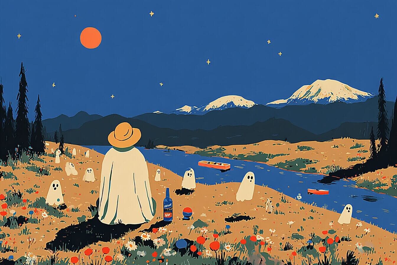 Rip Van Winkle and his cat rest on a mossy bed beneath a shimmering oak while a quiet mountain clearing glows nearby.