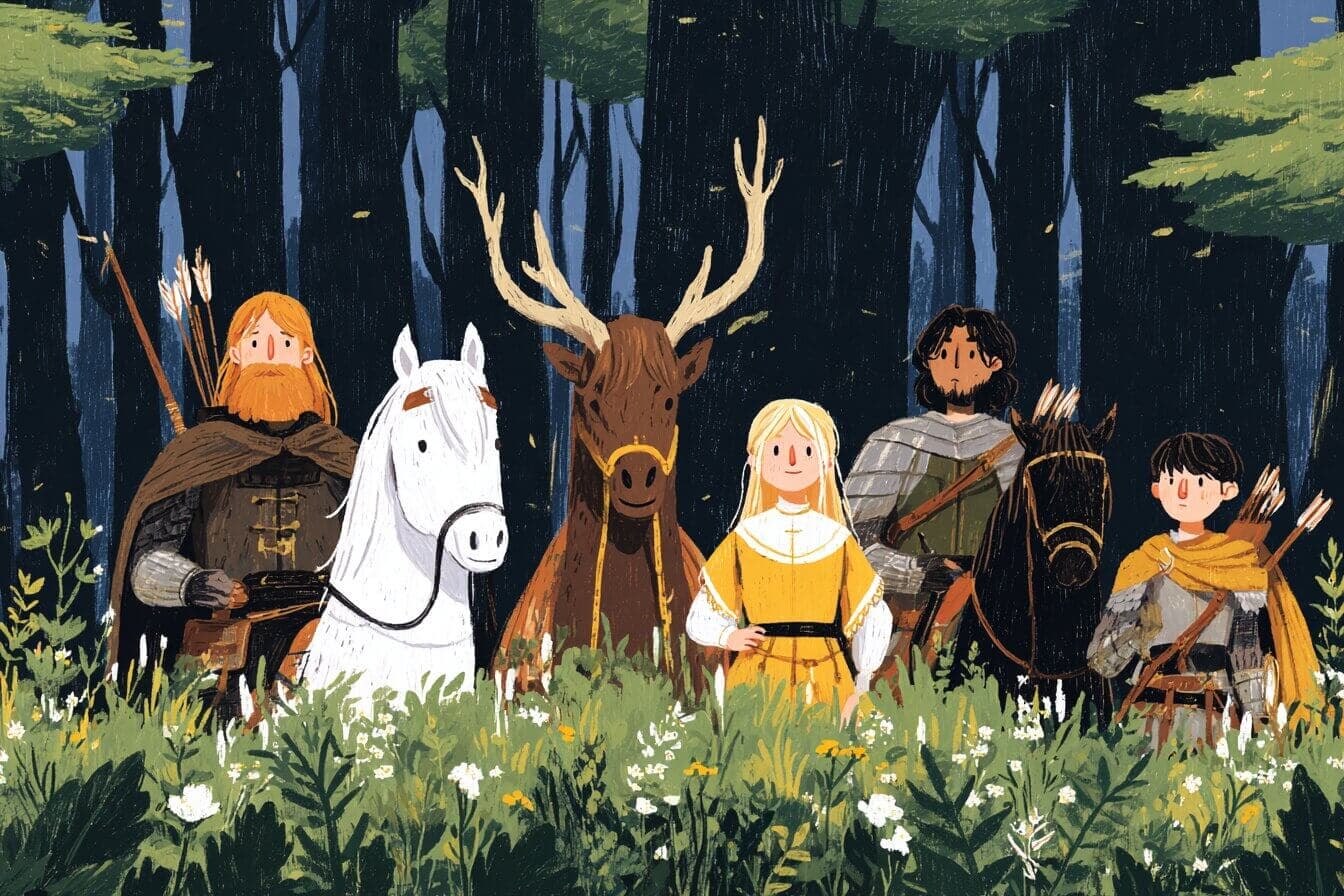 Robin Hood and friends share coins and honey cakes in a peaceful forest clearing while villagers smile nearby.